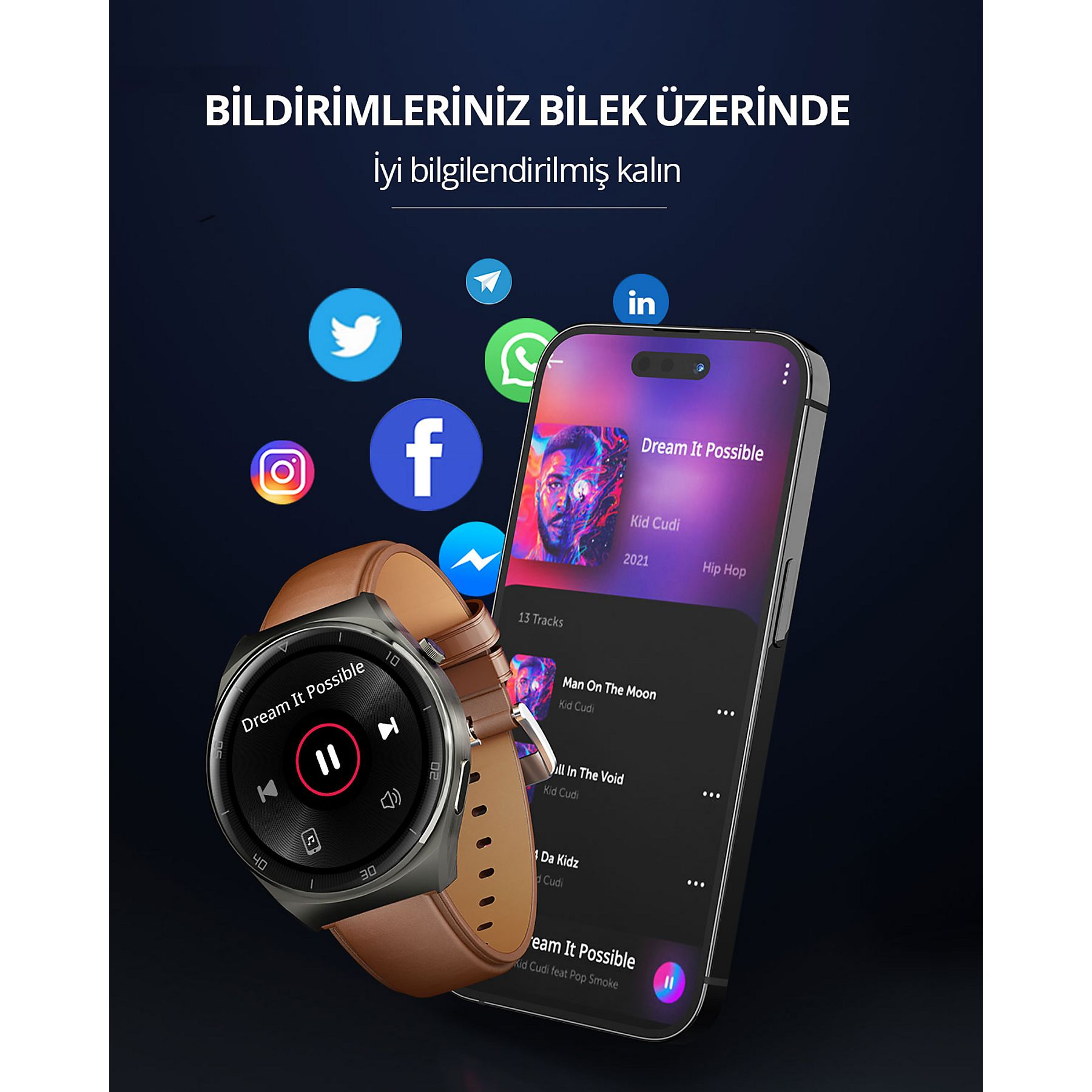 Arkada sosyal medya simgeleri olan akıllı saat ve akıllı telefon.