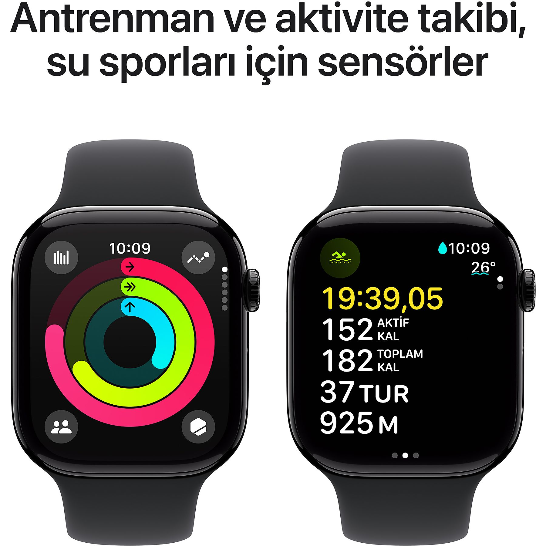 Yan yana iki siyah akıllı saat, biri aktivite halkalarını, diğeri antrenman verilerini gösteriyor.