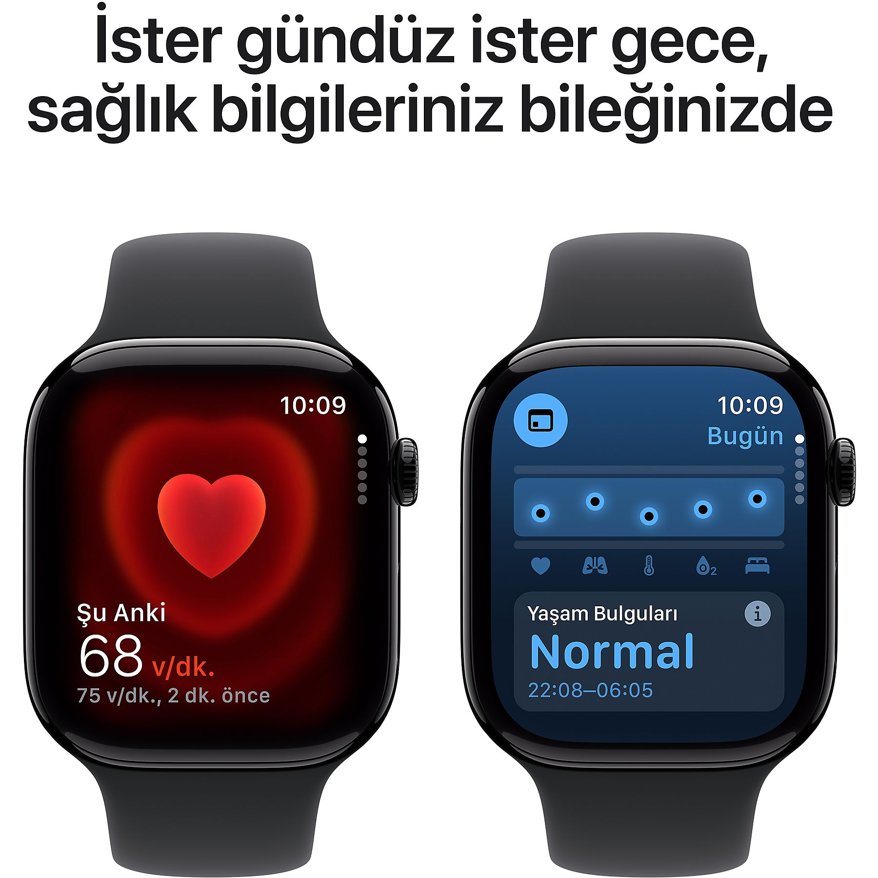 İki akıllı saat sağlık verilerini gösteriyor. Biri kalp simgesi ve nabız gösteriyor.