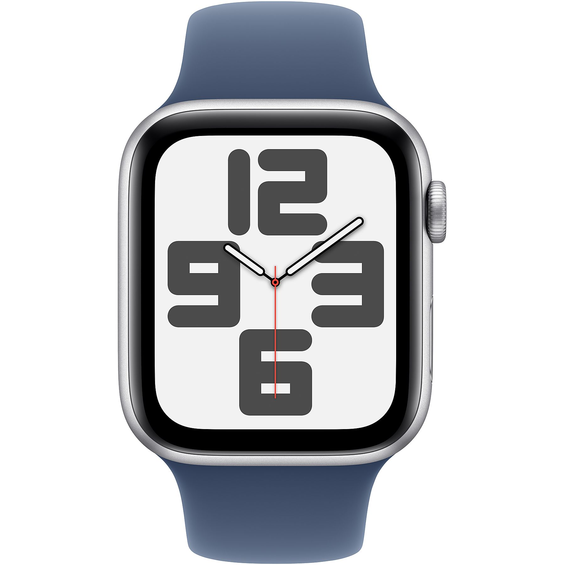 Büyük siyah rakamlar gösteren beyaz kadranlı mavi bir Apple Watch.