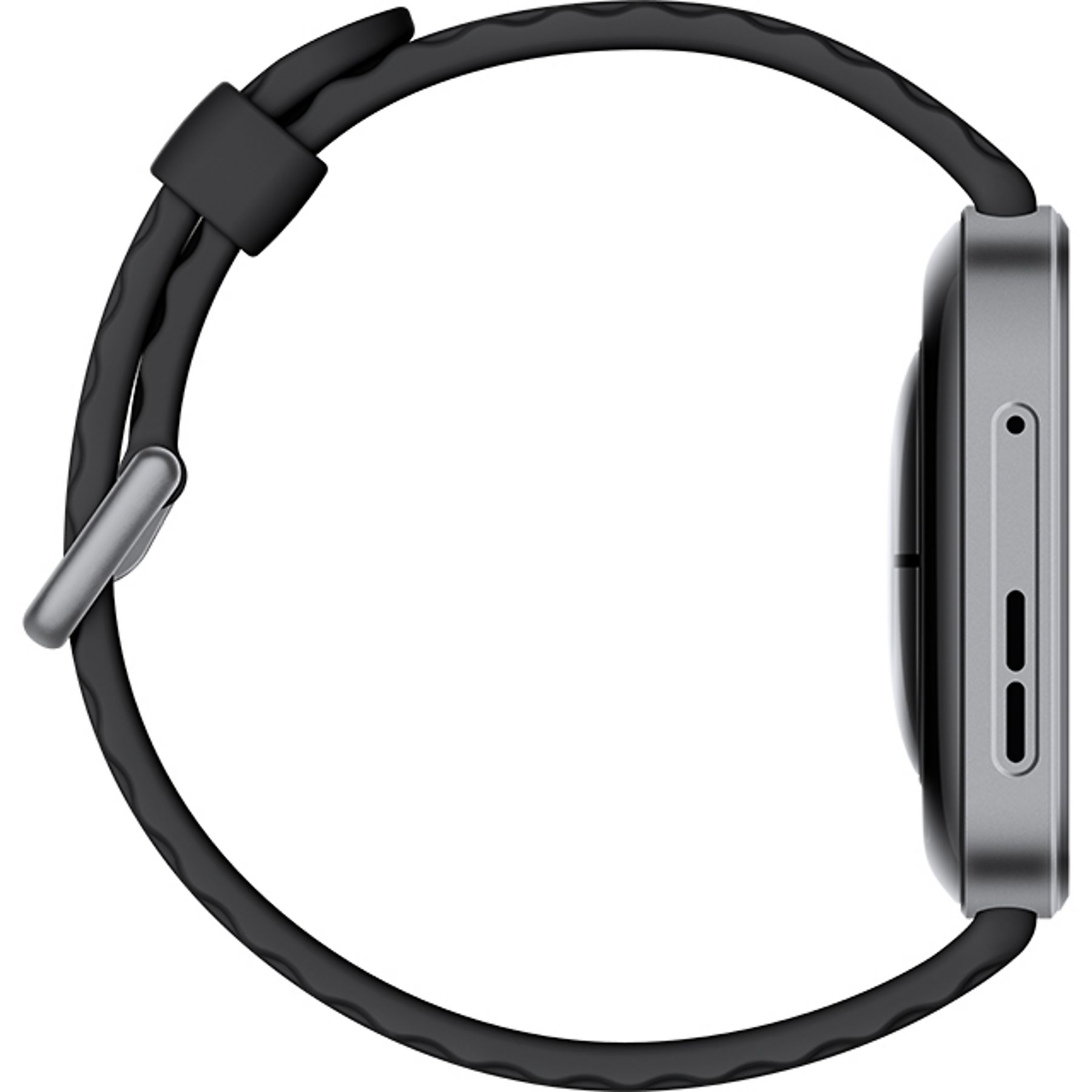 Graue Smartwatch mit schwarzem Armband, Seitenansicht.