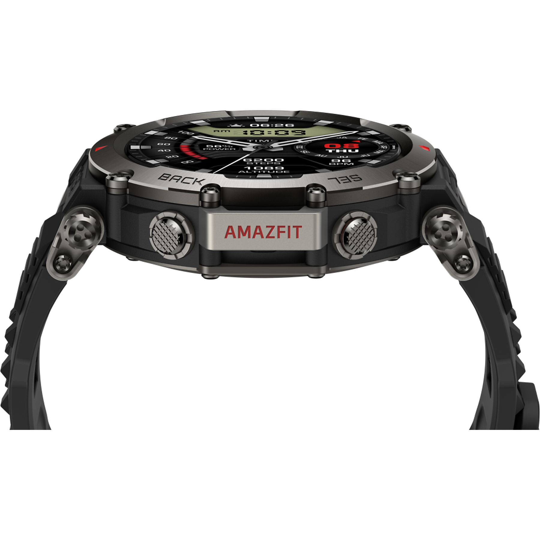 Eine schwarze Smartwatch mit silbernem Rahmen und silbernen Knöpfen. Die Uhr zeigt 06:26.