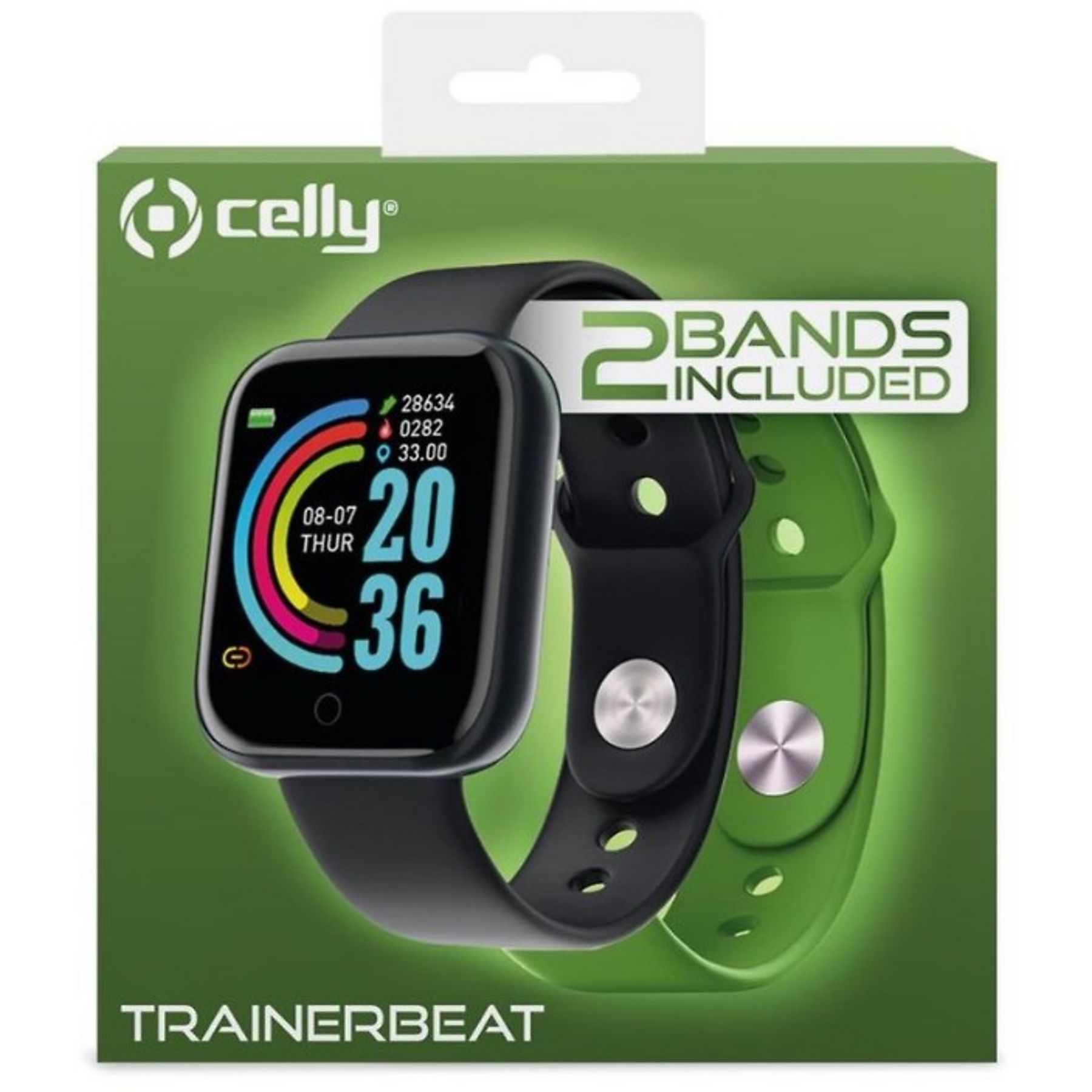 Smartwatch Celly Trainerbeat con cinturini nero e verde. Display mostra ora 20:36.
