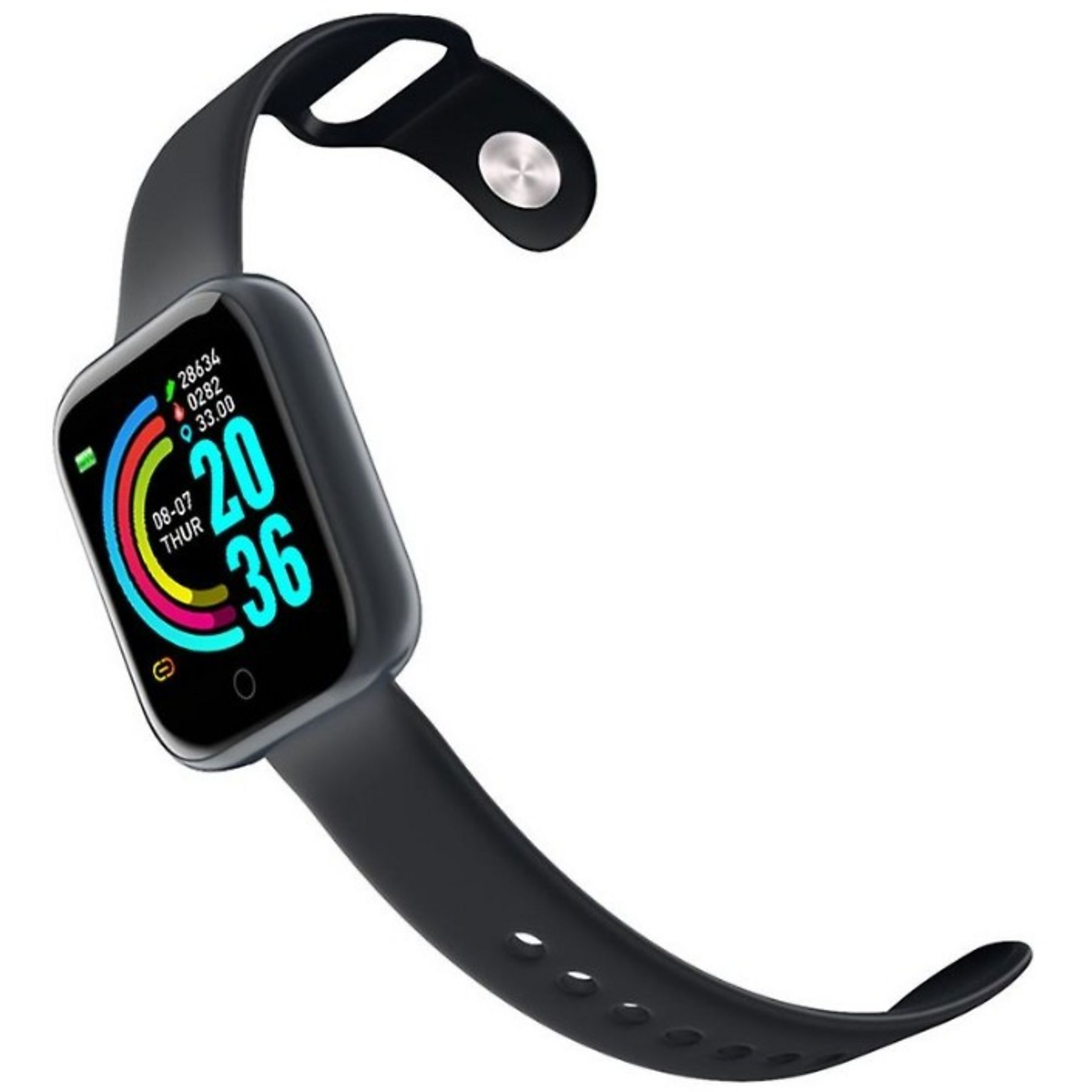 Smartwatch nero con display a colori, ora 20:36.