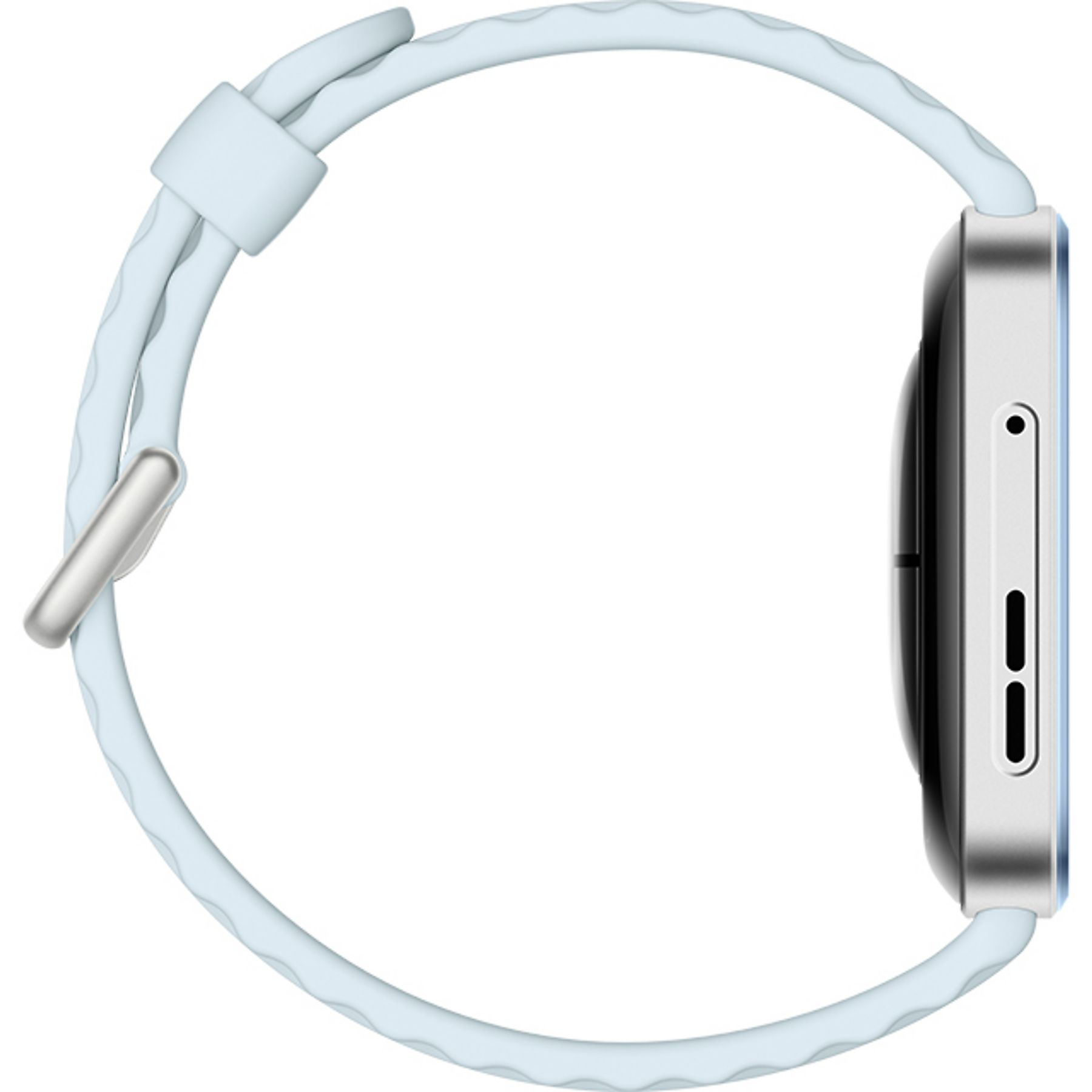 Jasnoniebieska opaska smartwatch ze srebrną klamrą, widok z boku.