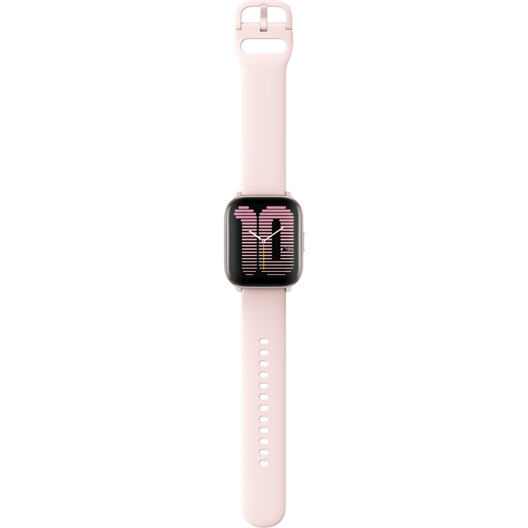 Un reloj inteligente rosa con pantalla que muestra la hora y el nivel de batería.