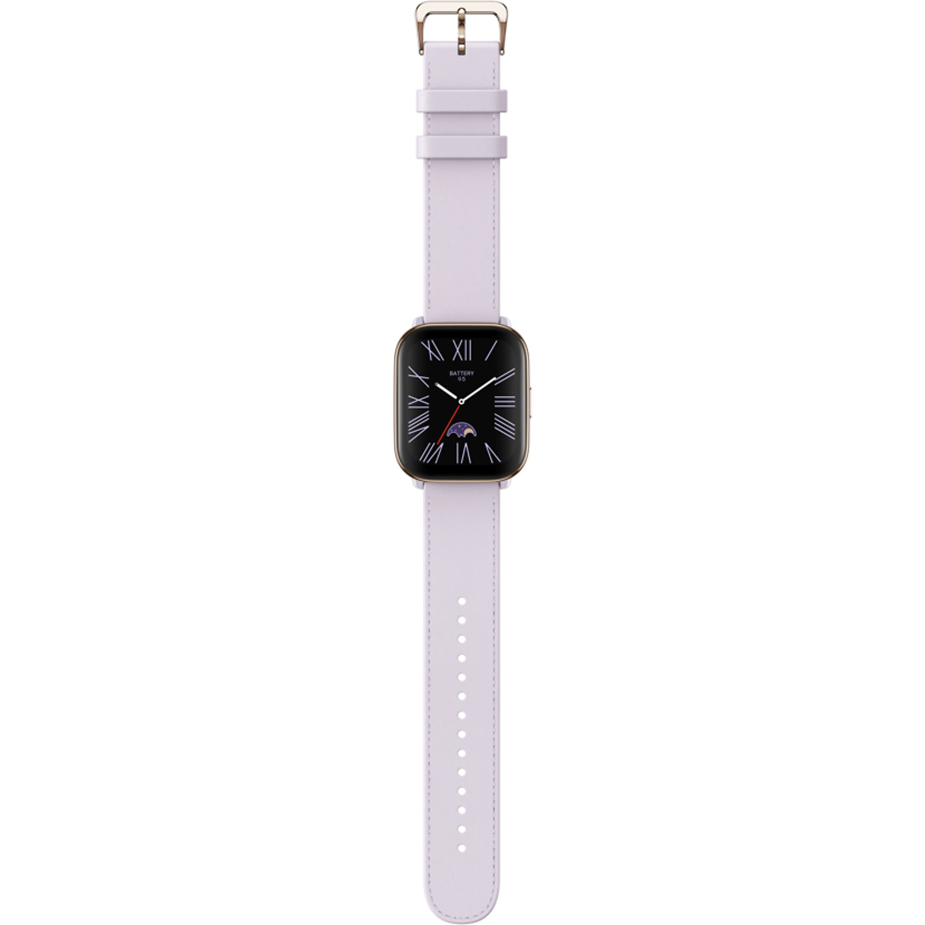 Eine quadratische Smartwatch mit einem hellvioletten Armband und einer goldenen Schnalle. Das Zifferblatt hat römische Ziffern.