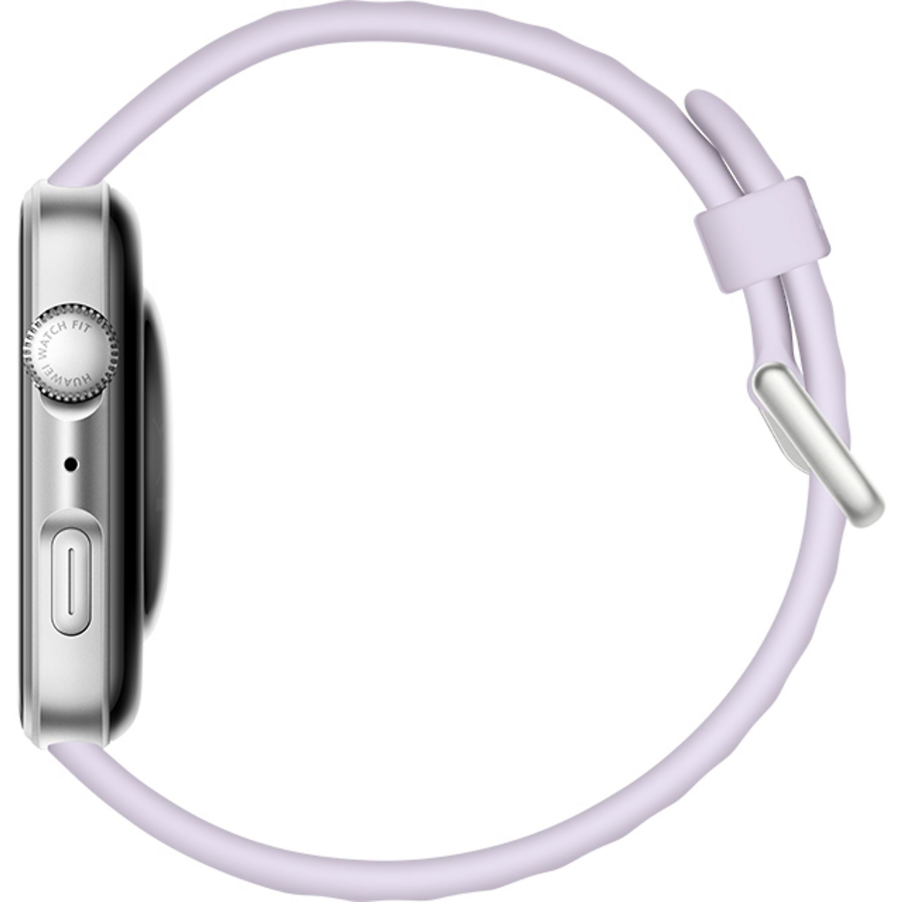 Zilveren smartwatch met lichtpaarse band, zij aanzicht.