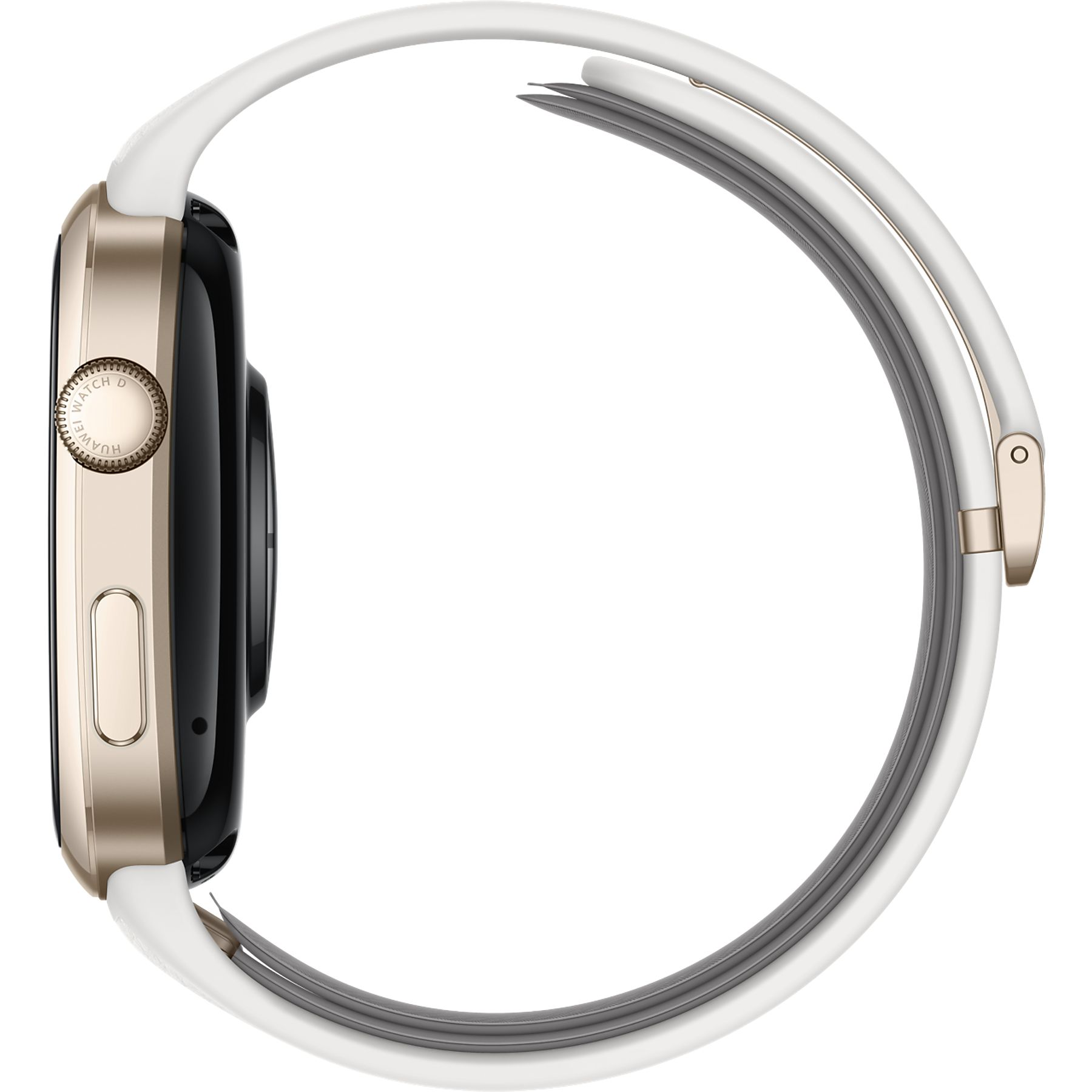 Gouden smartwatch met wit bandje, profielaanzicht op witte achtergrond.
