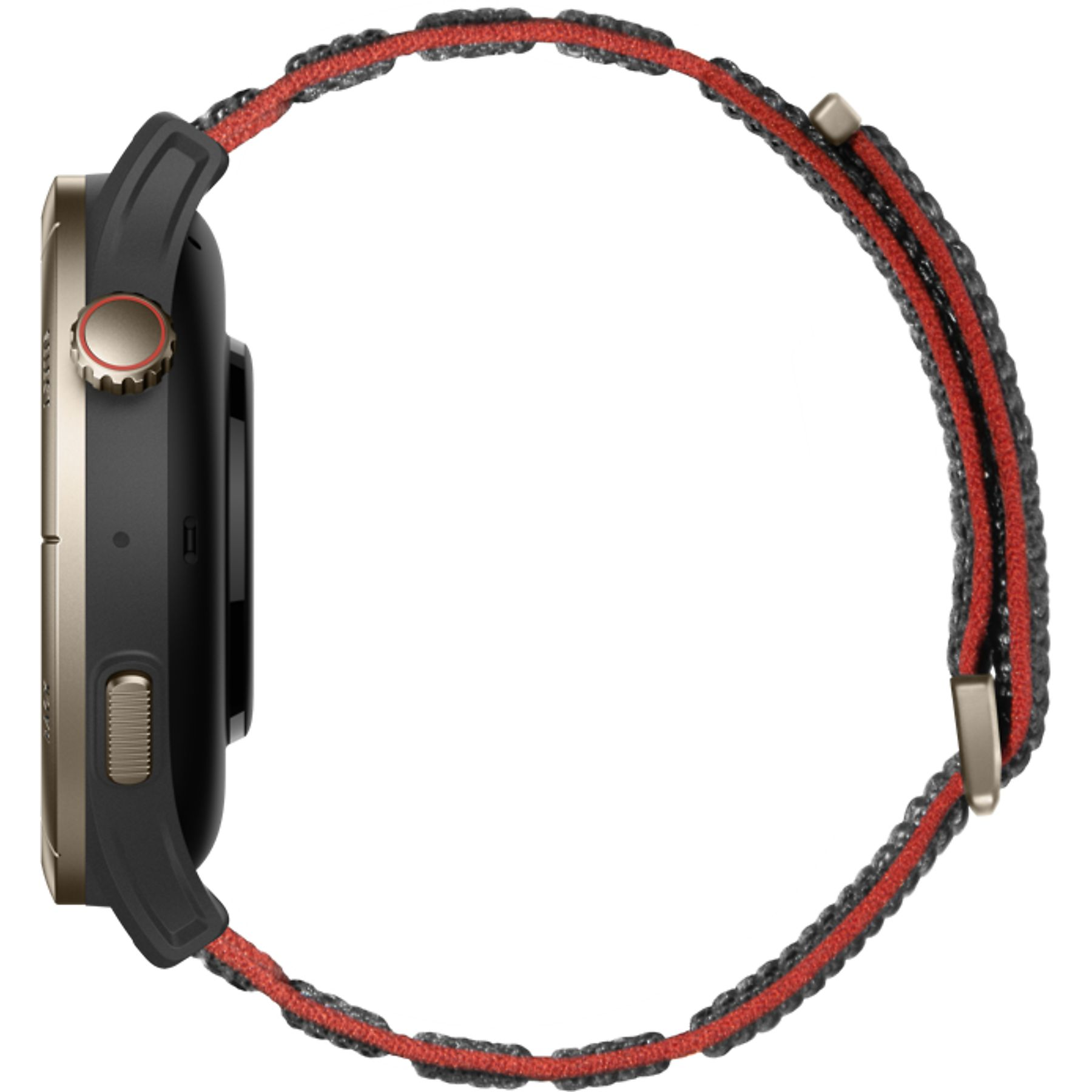 Een grijs en rood smartwatch met een gouden kast en zwarte band.