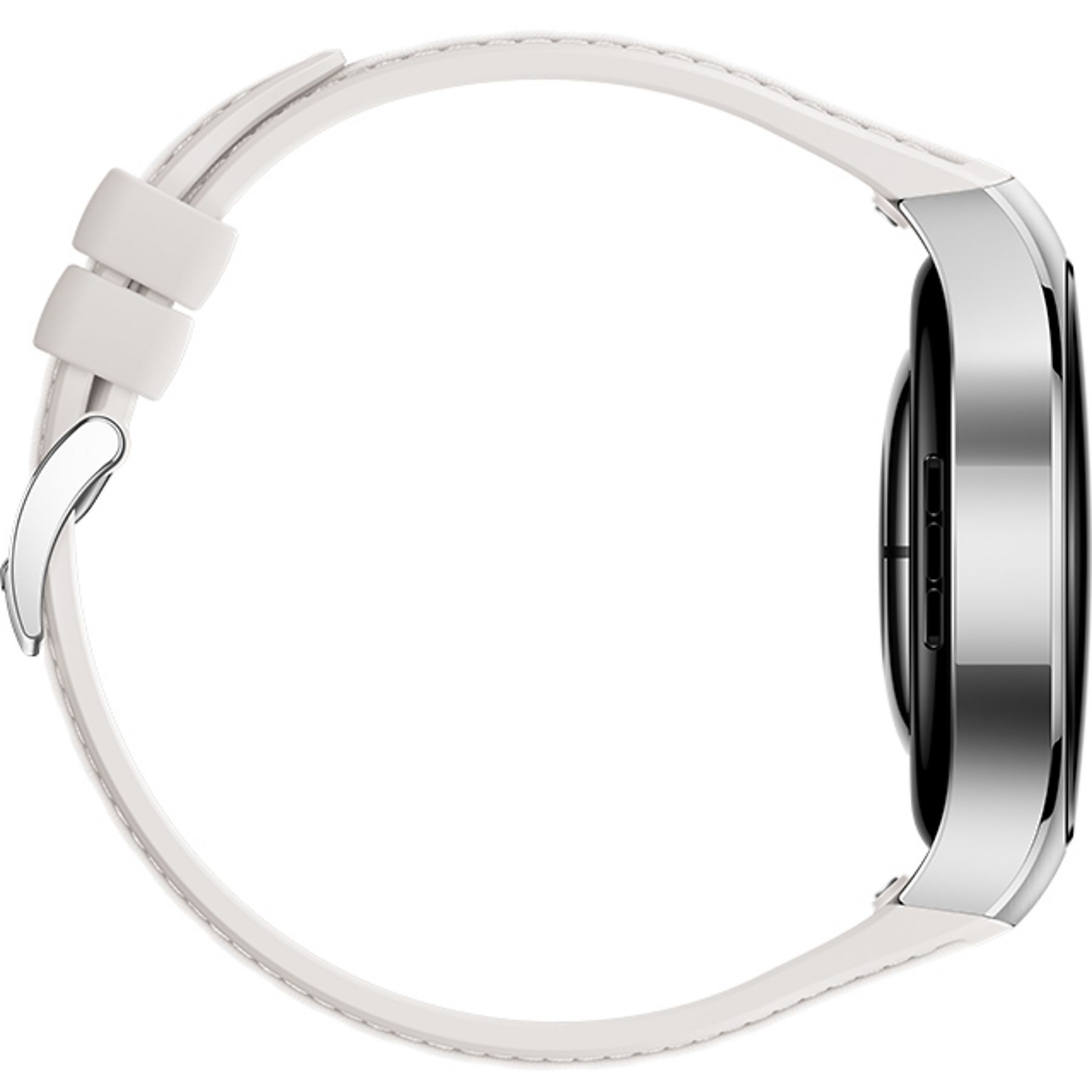 Een witte smartwatch met zilveren behuizing, zijknopjes en gespsluiting.