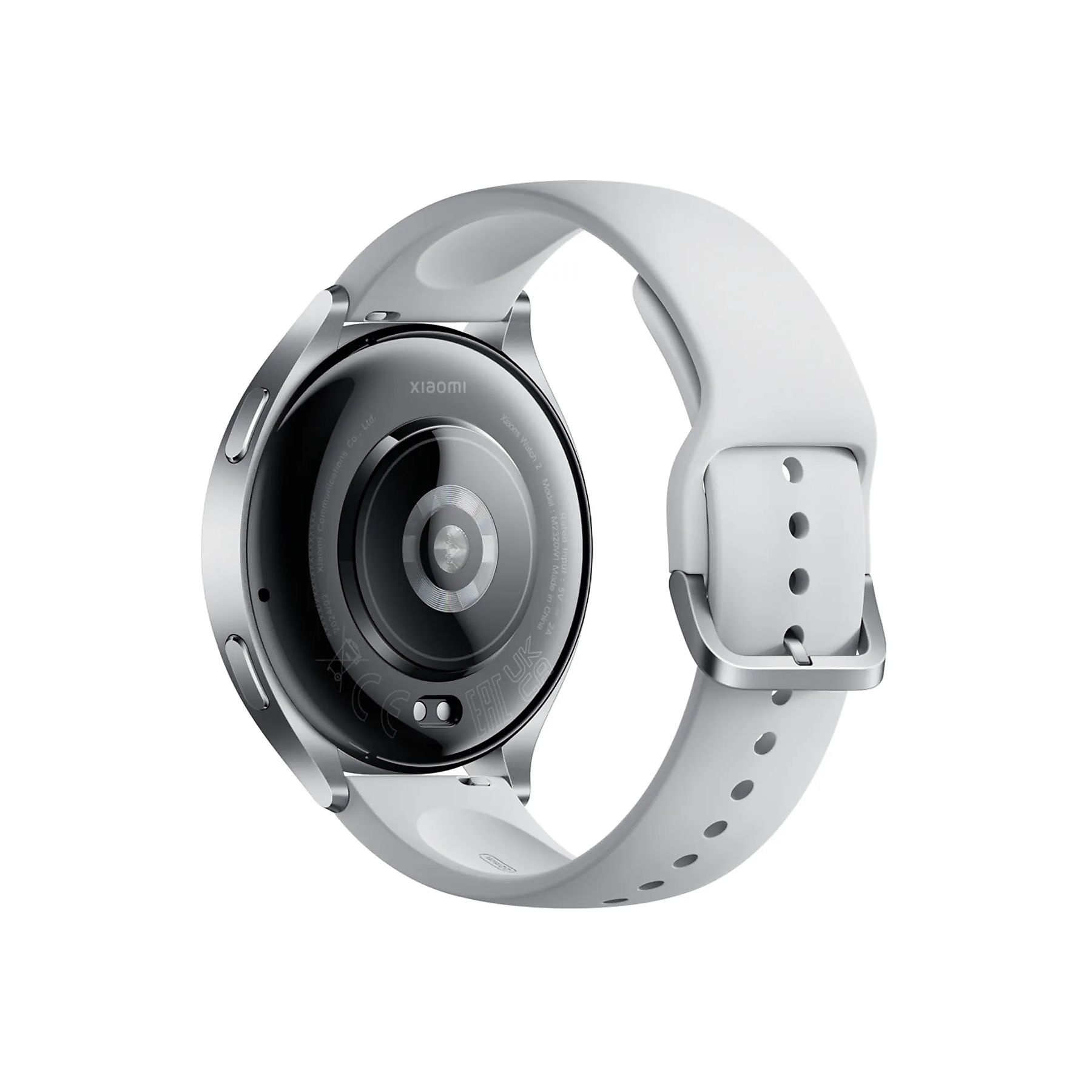 Srebrny smartwatch Xiaomi z białym paskiem, widok od tyłu.