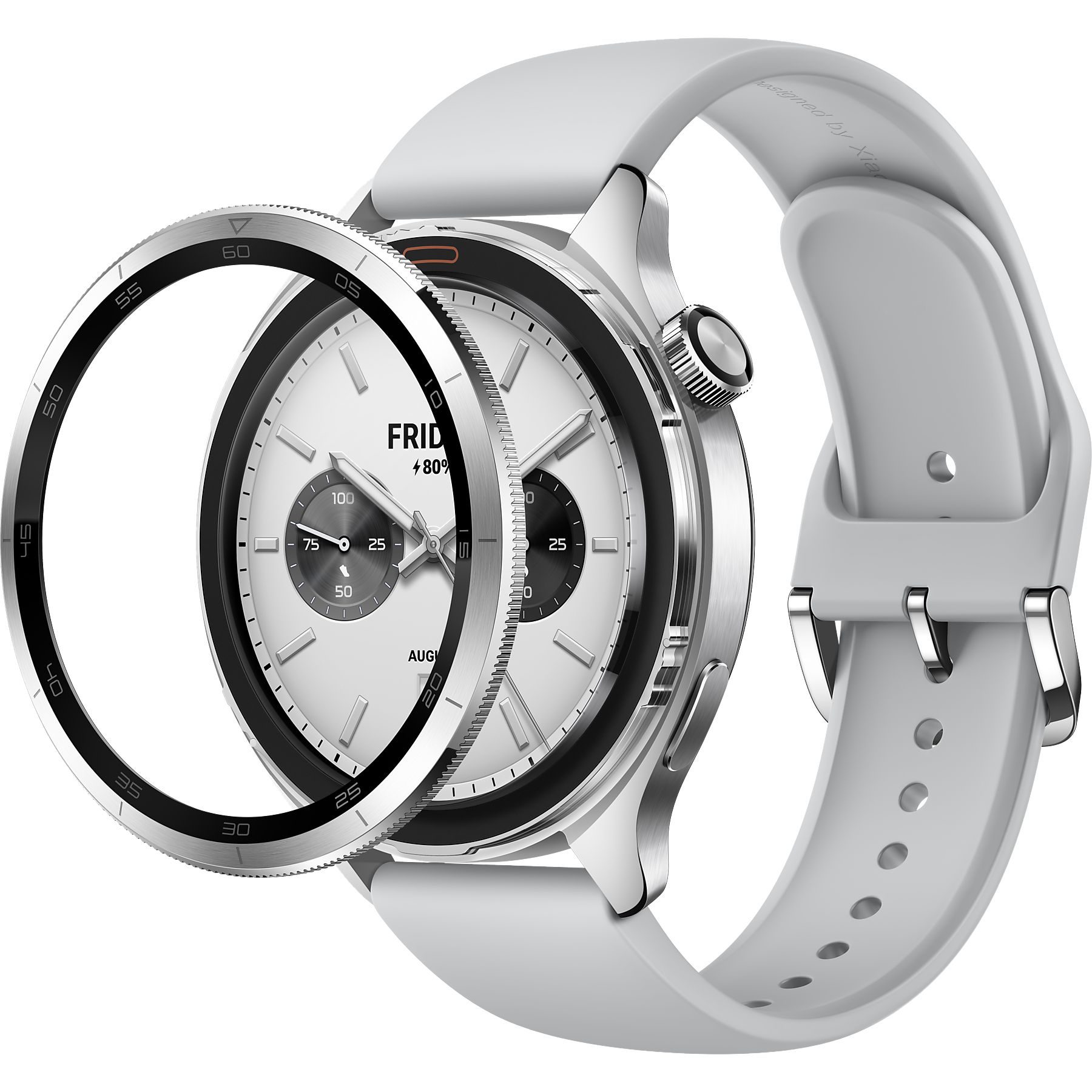 Montre connectée argentée avec cadran blanc indiquant vendredi, 80% et date.