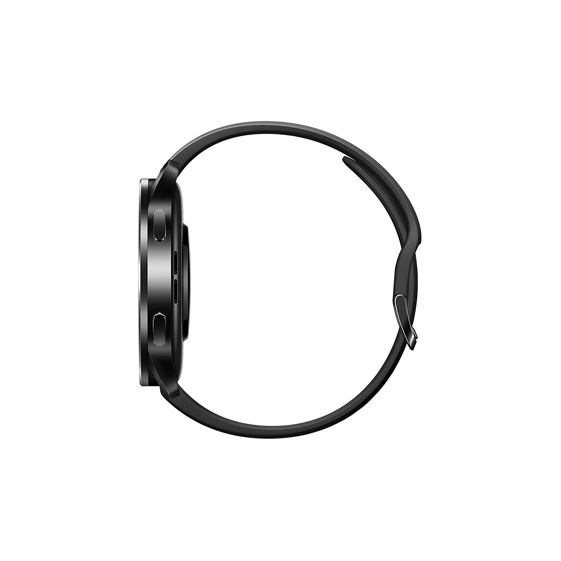 Czarny smartwatch z srebrnymi przyciskami po bokach.