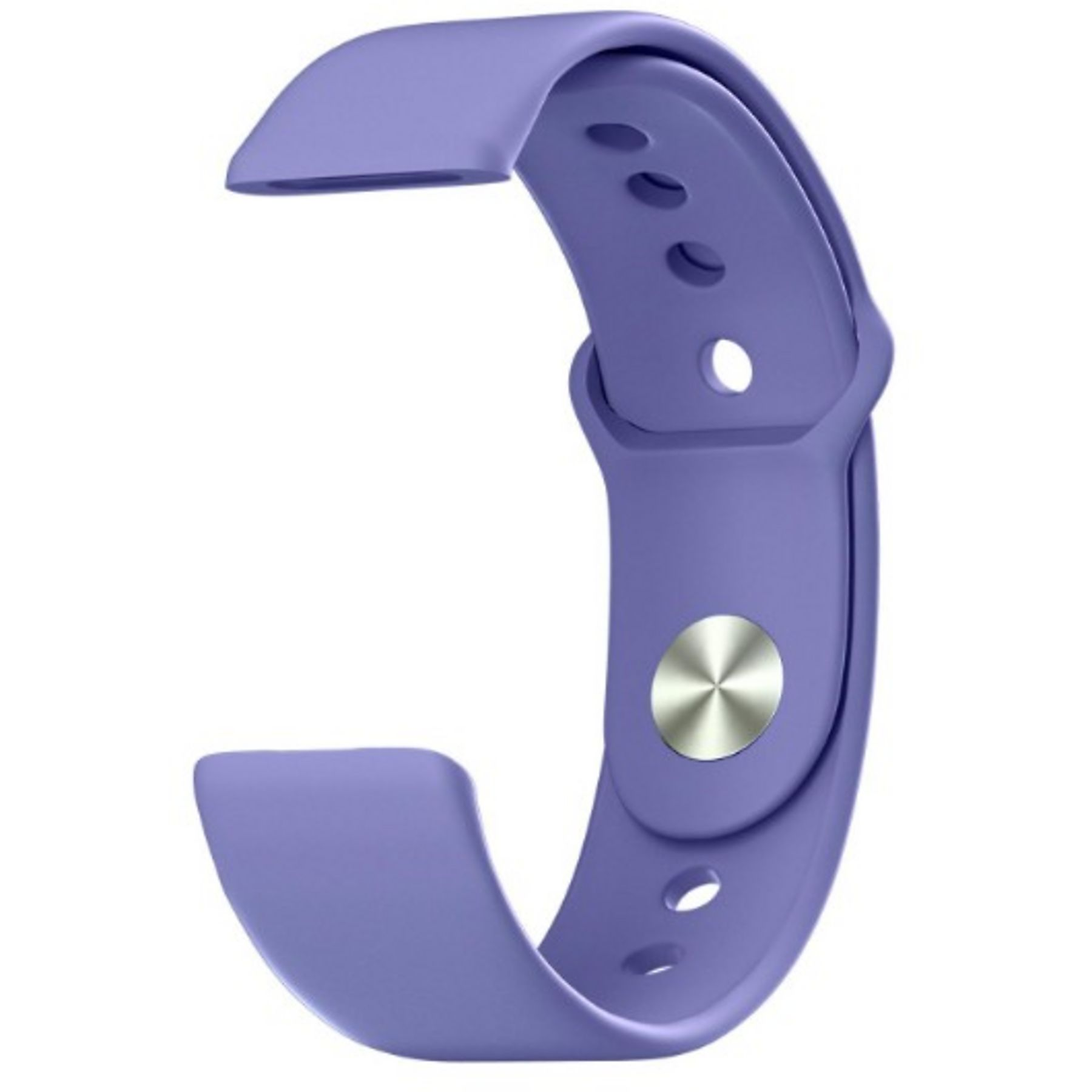 Fioletowa opaska na zegarek z srebrnym guzikiem na białym tle.