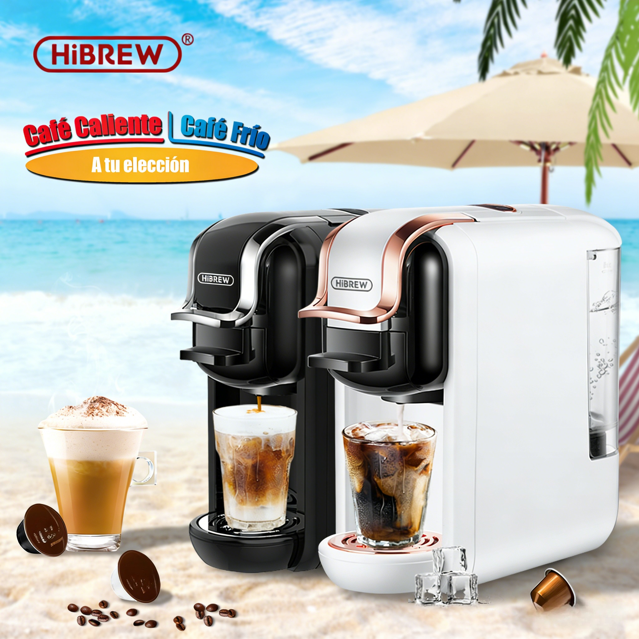Máquinas de café HiBREW en la playa, con café caliente y frío, cápsulas y hielo.