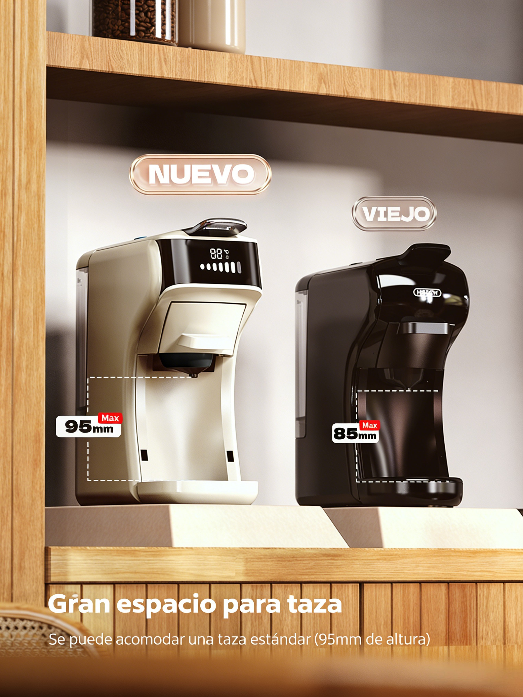 Dos cafeteras, nueva y vieja, con especificaciones de altura.
