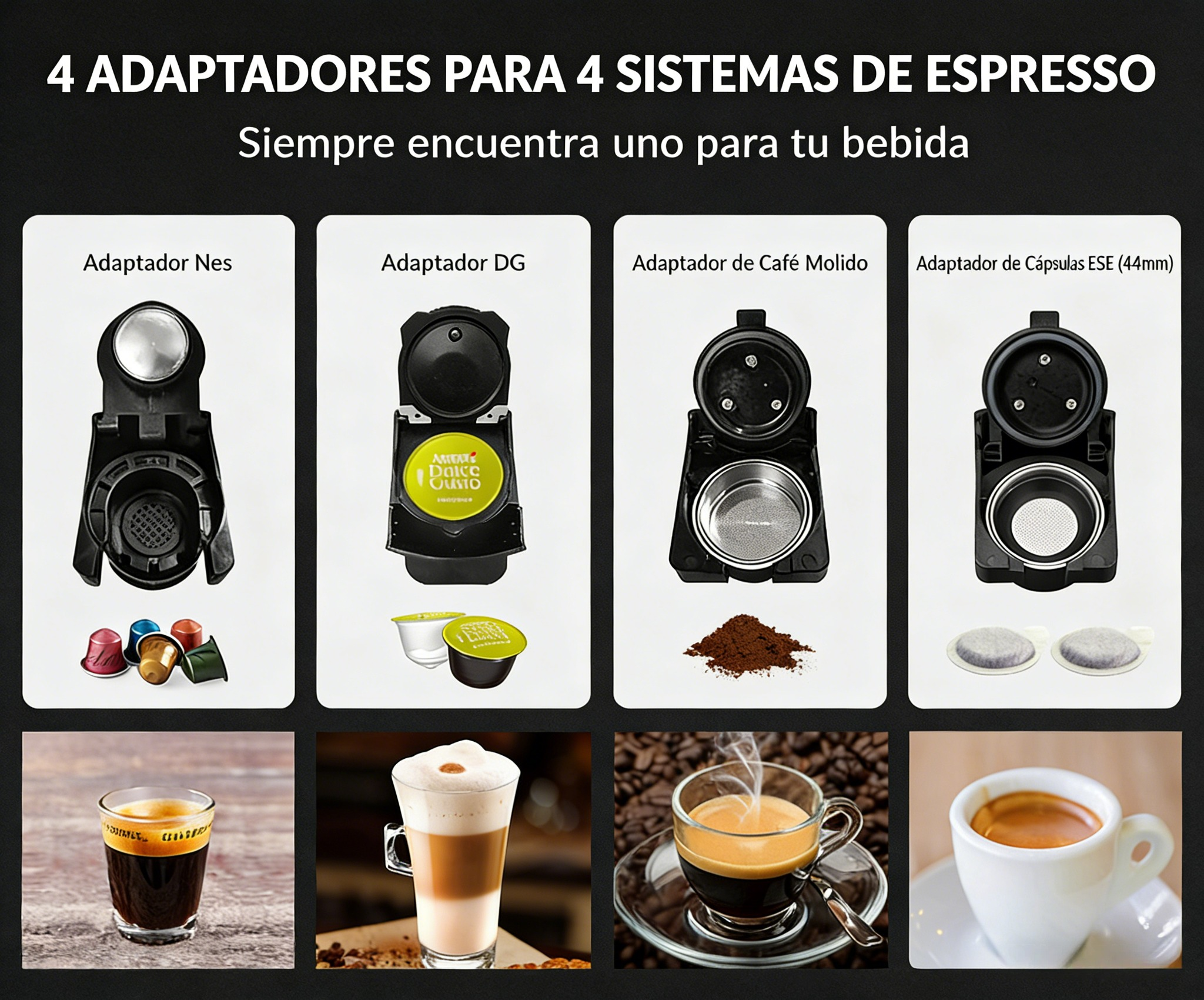 Cuatro adaptadores de máquina de espresso y tazas de café.