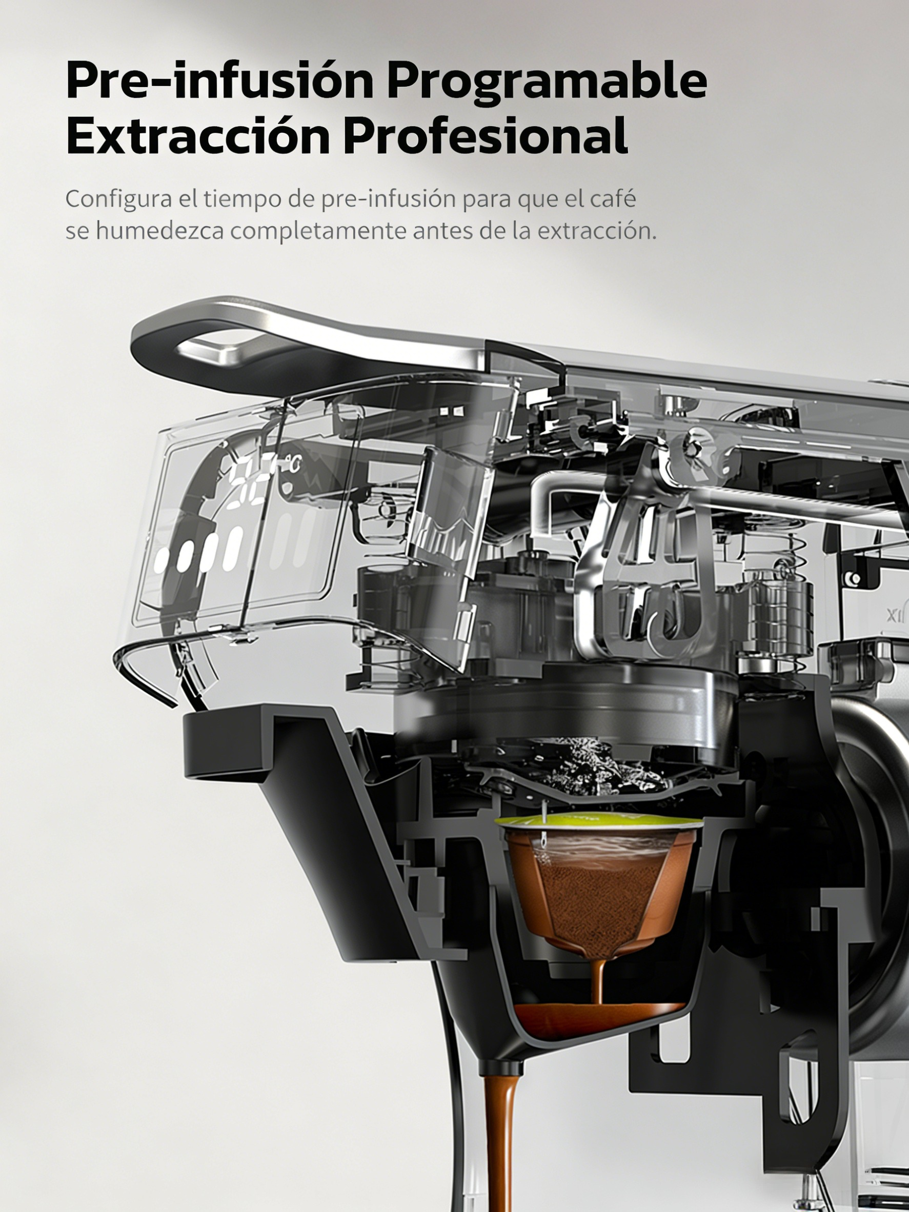 Cafetera en corte mostrando goteo, unidad de infusión y pantalla digital.