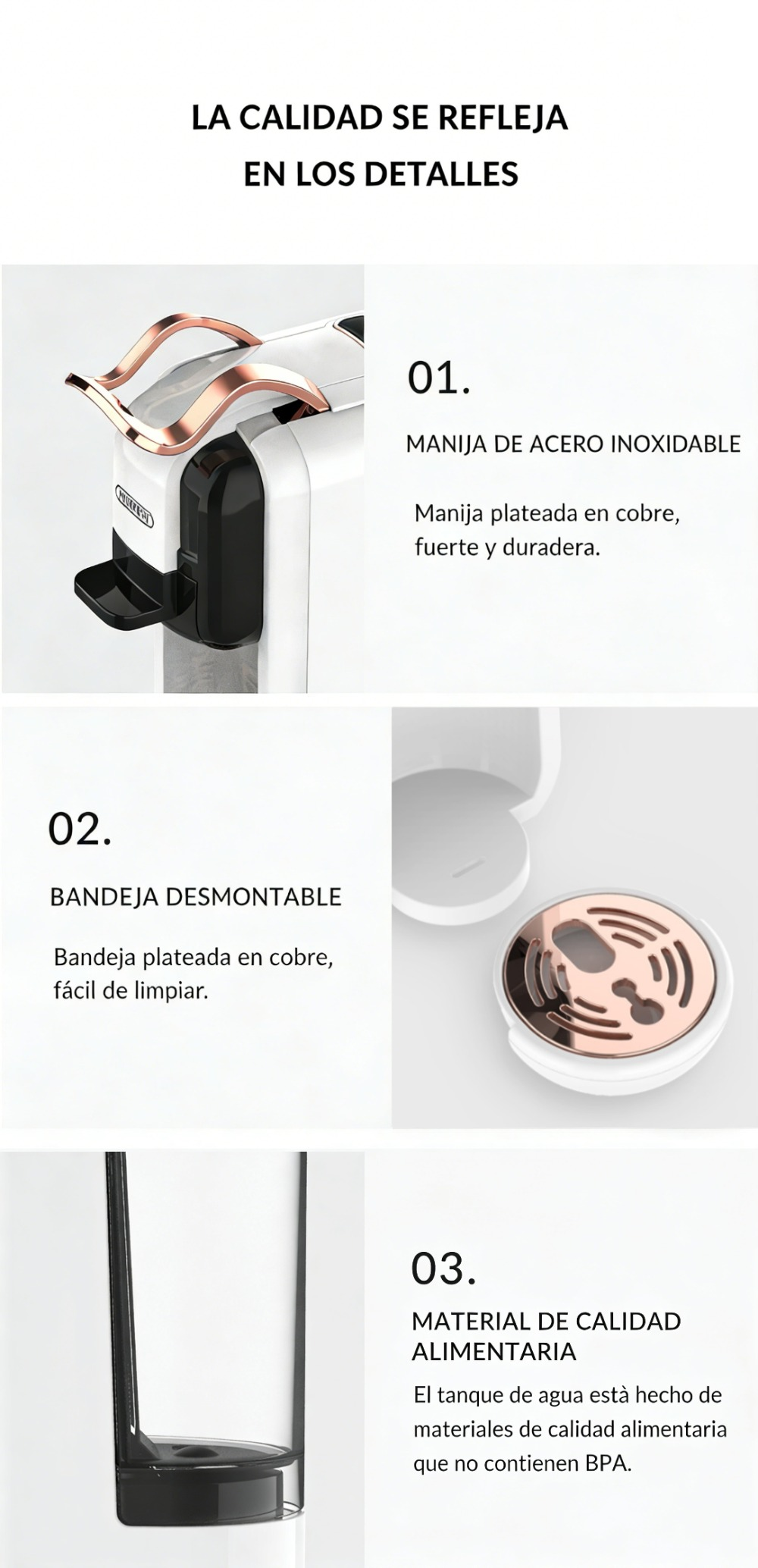 Cafetera con mango de cobre, bandeja extraíble y depósito sin BPA.
