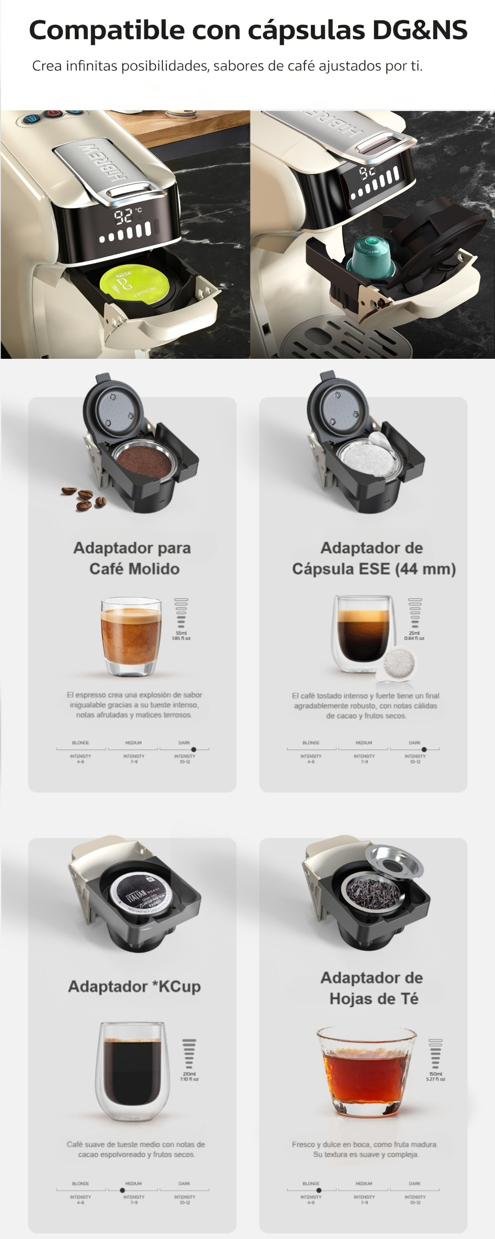 Máquina de café con adaptadores para café molido, cápsulas ESE, K-Cups y té.