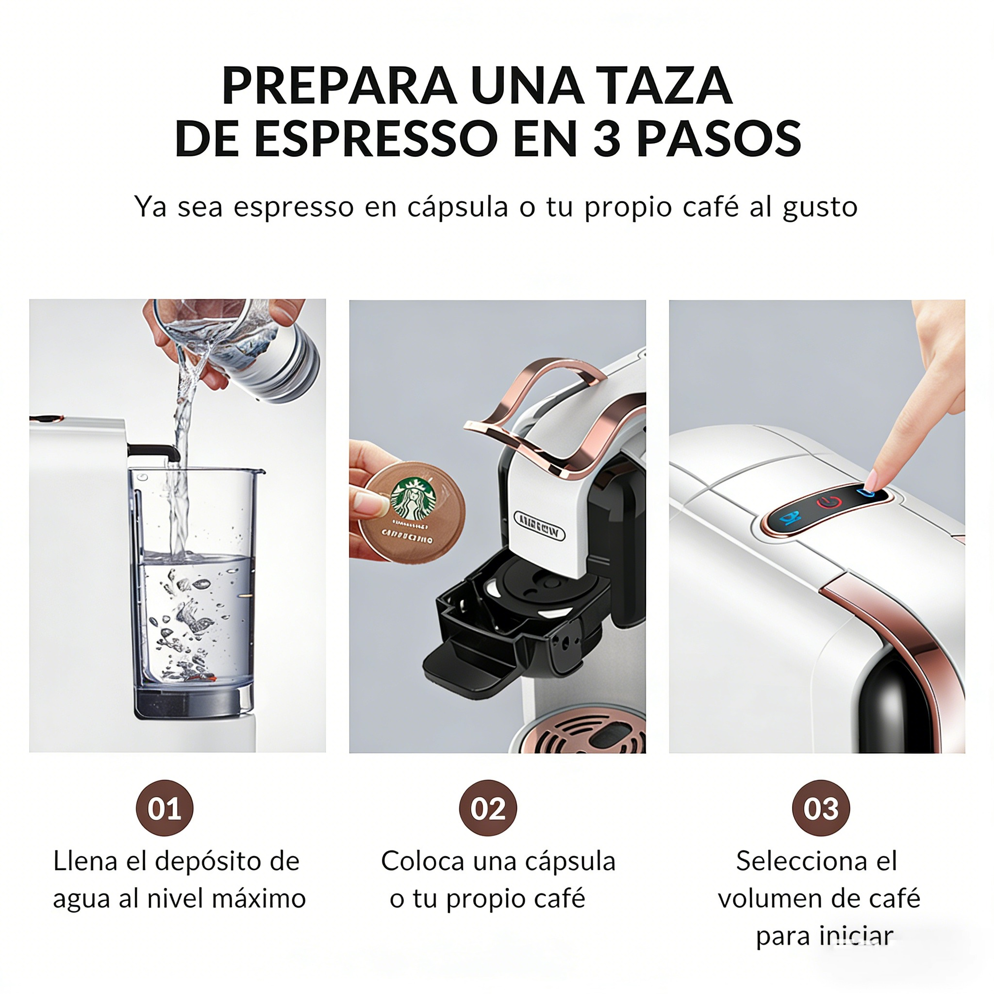 Pasos para hacer espresso: llenar agua, insertar cápsula, seleccionar café.