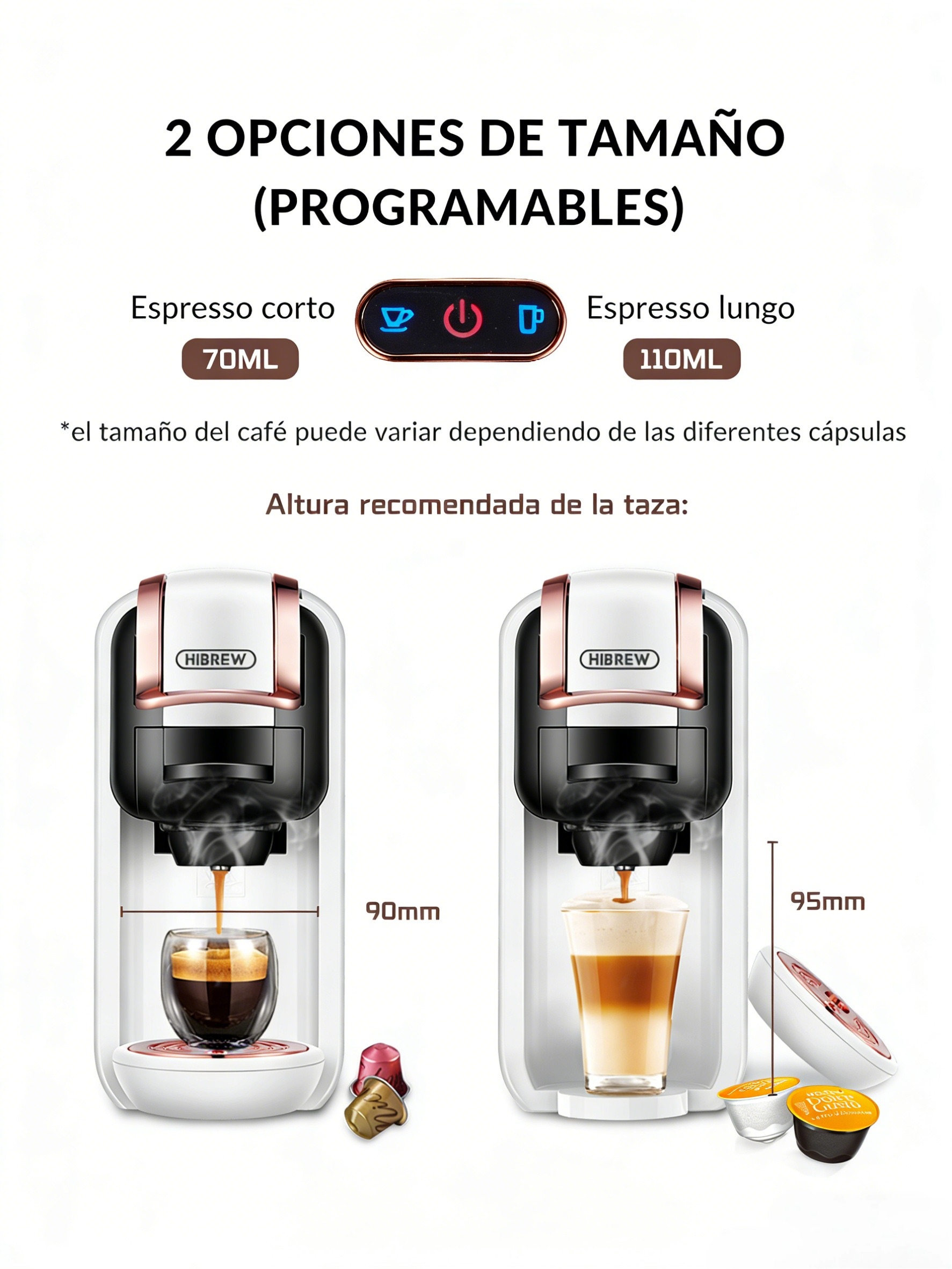 Cafetera con dos opciones de tamaño: 70ml y 110ml. Muestra preparación de café.