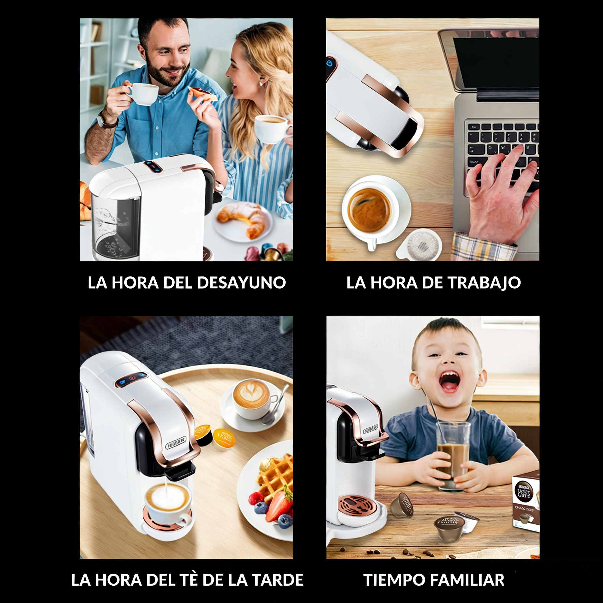 Pareja toma café y cruasanes, hombre trabaja en portátil, se hace café, niño bebe cacao.