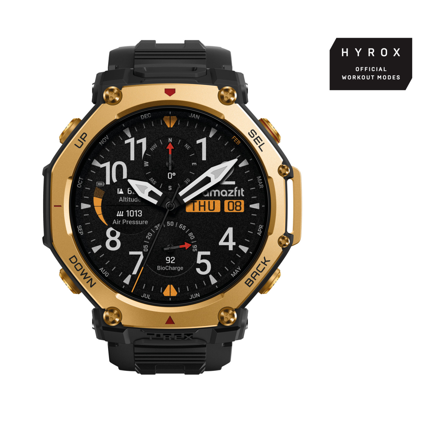 Goldene und schwarze Smartwatch mit HYROX-Logo. Zeigt Zeit, Datum und Trainingsdaten an.