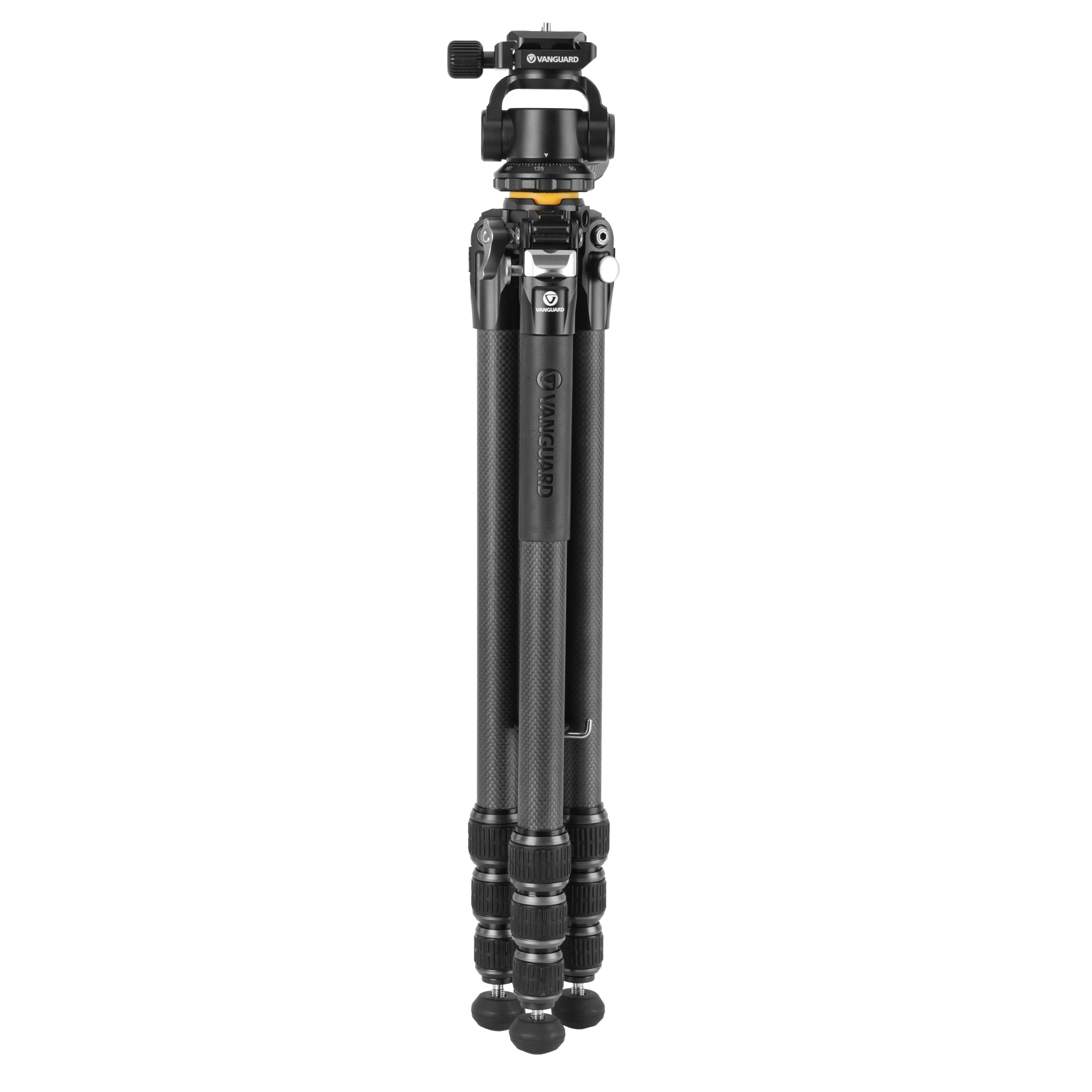 Un trípode negro Vanguard de fibra de carbono con montura de rótula.