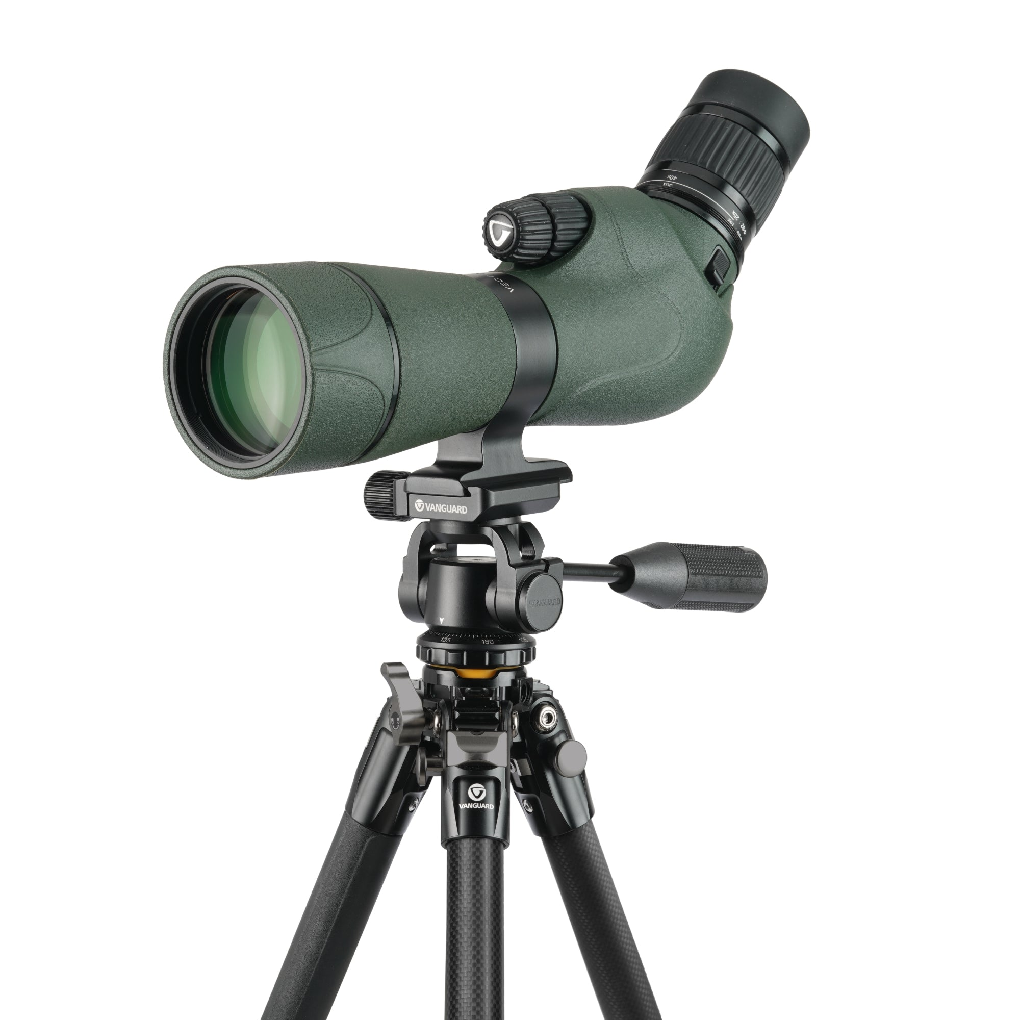 Telescopio terrestre verde con lente sobre trípode negro con patas de carbono.