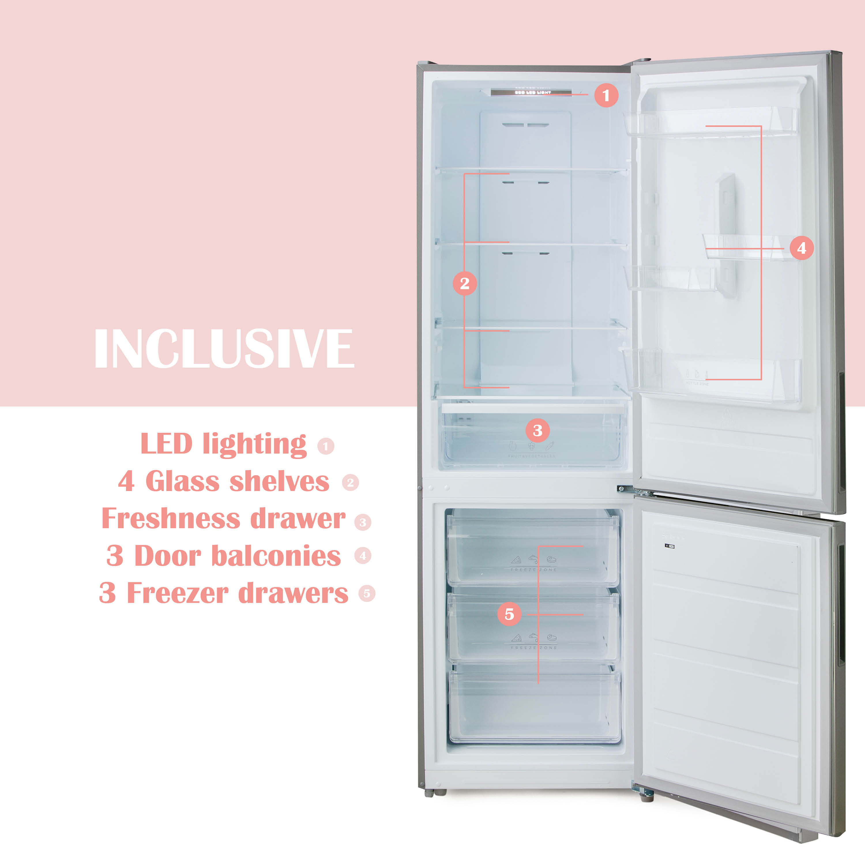 Een open koelkast met LED-verlichting, glazen planken, lades en deurvakken.