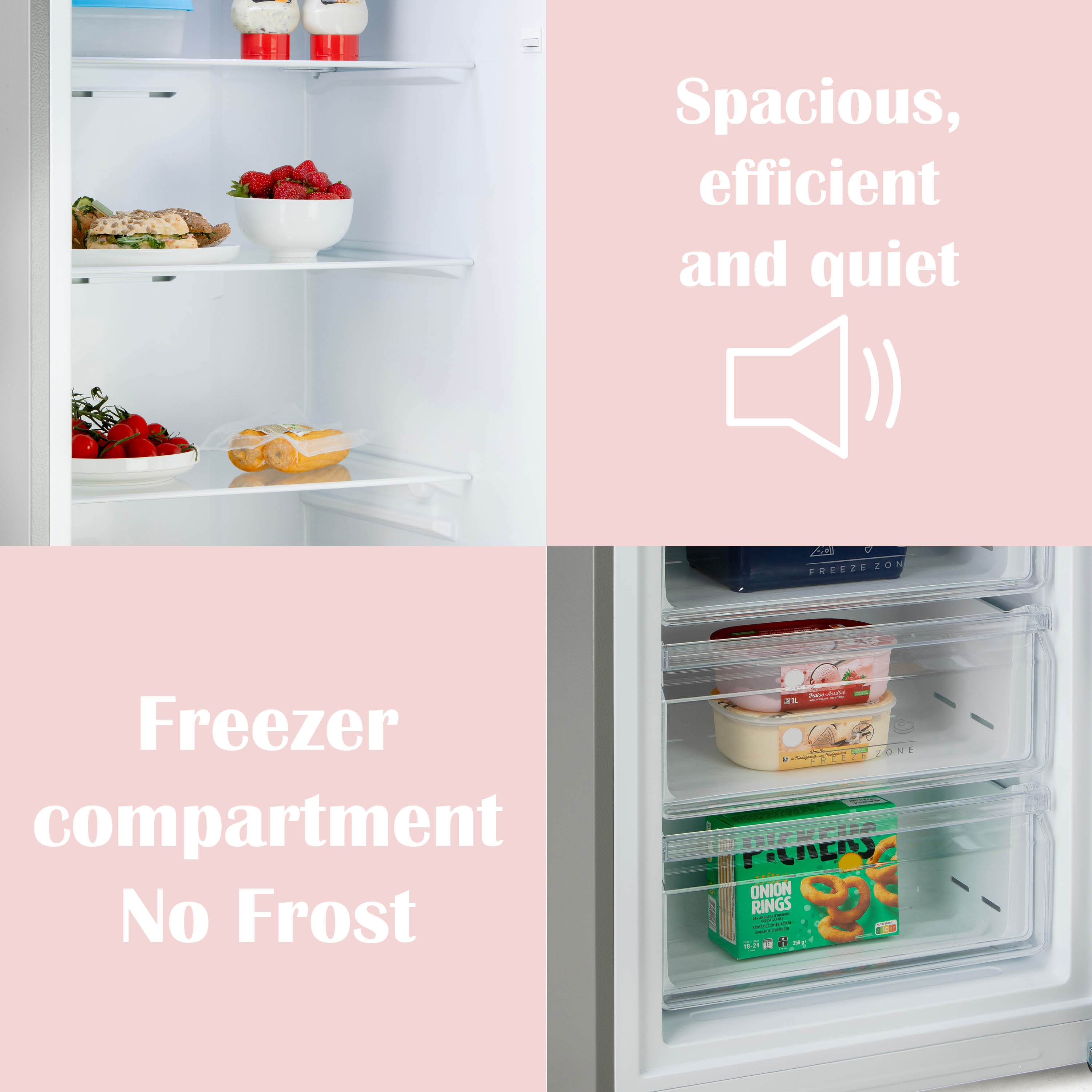 Koelkast interieur met aardbeien, sandwiches en ijs. "Ruim, efficiënt, stil".