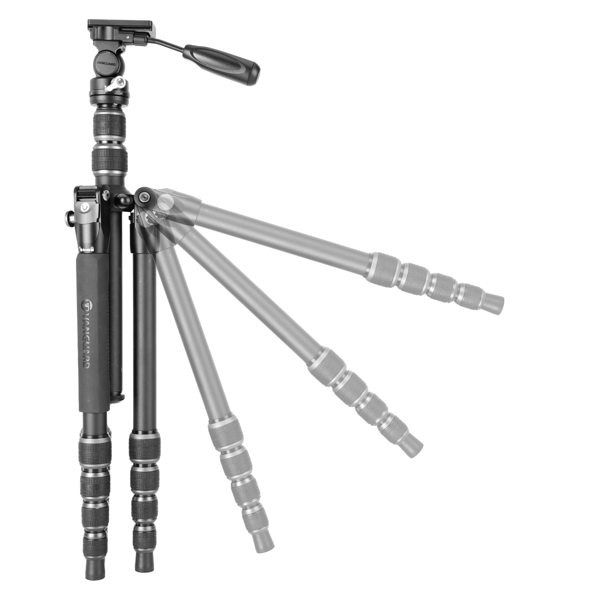 Un trípode Vanguard negro con patas extensibles y montura para cámara.