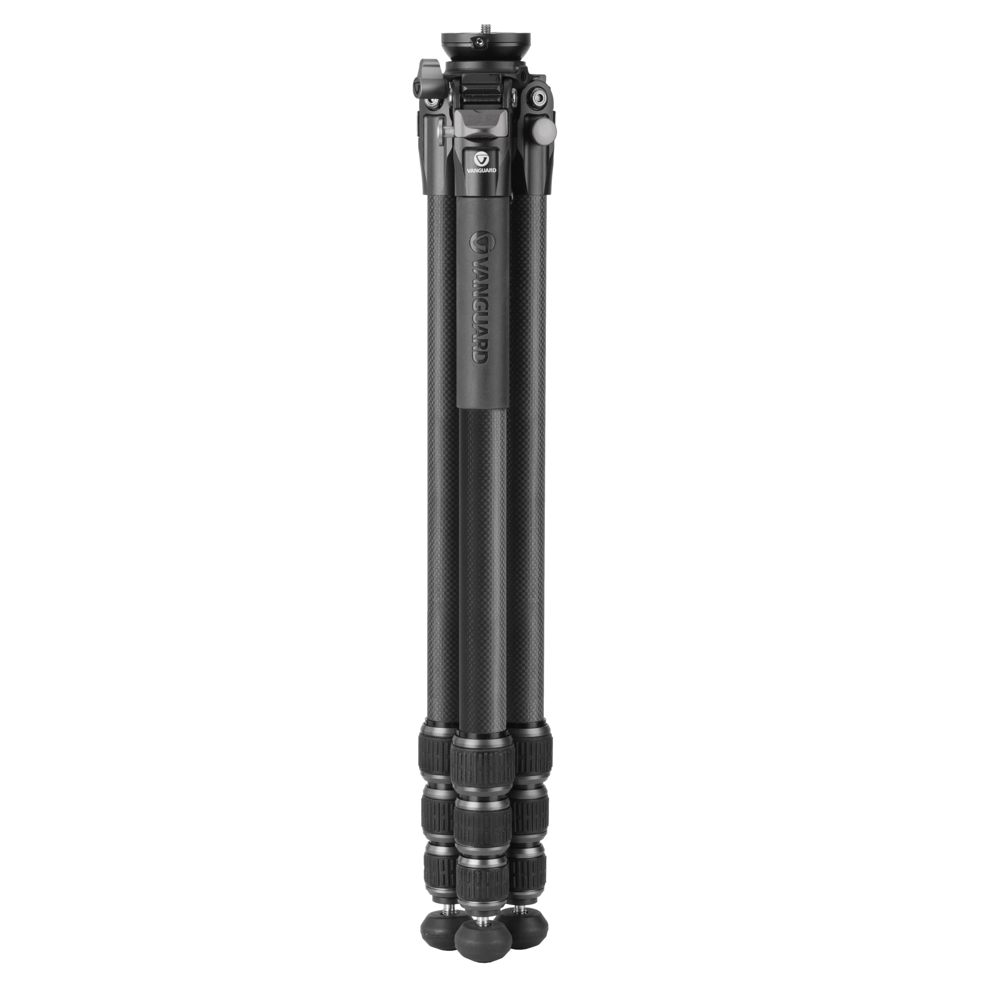 Un trípode negro de fibra de carbono Vanguard con tres patas, de pie.