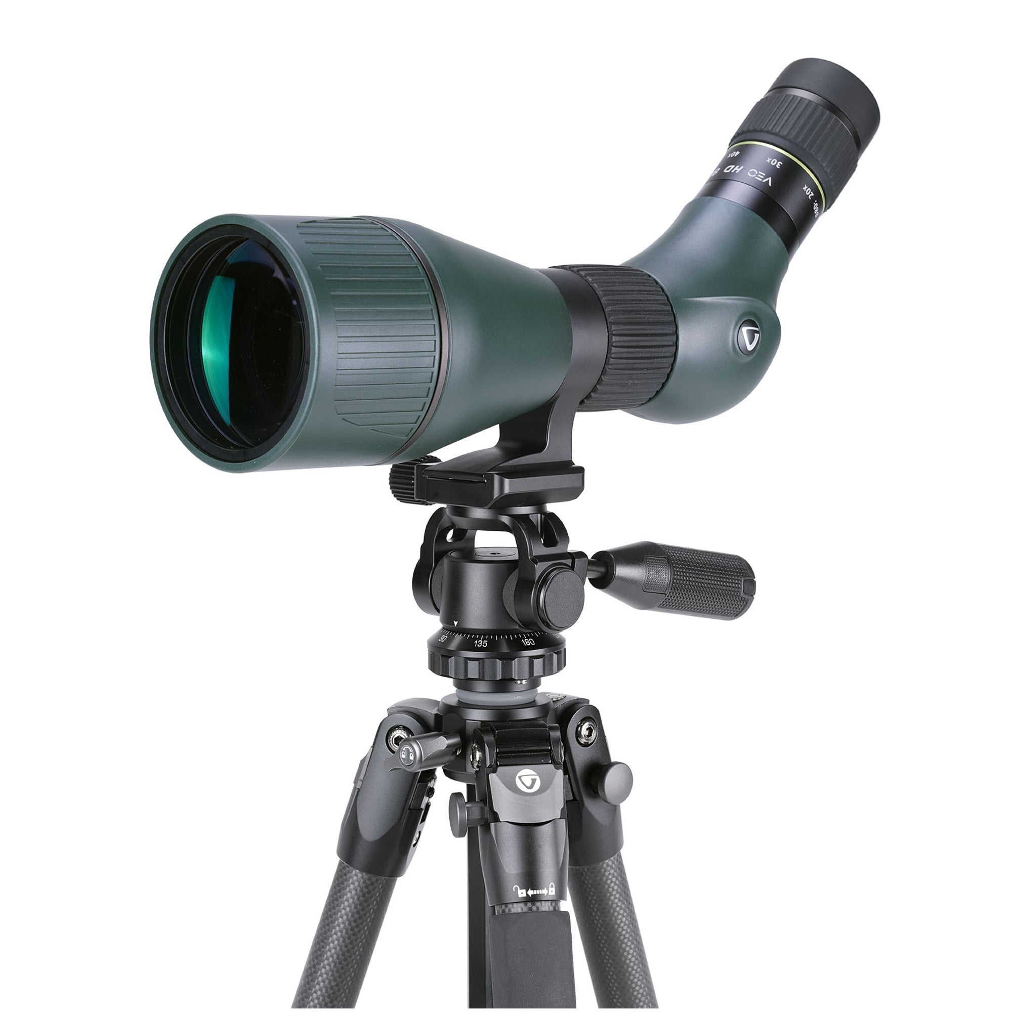 Un telescopio terrestre verde montado en un trípode negro con patas de carbono.
