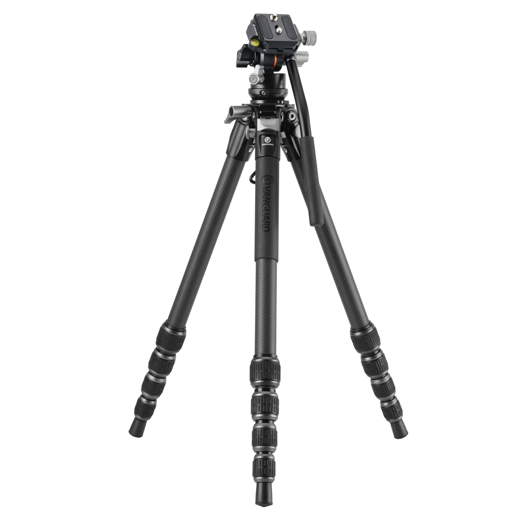 Un trípode Vanguard negro con patas de carbono y rótula.