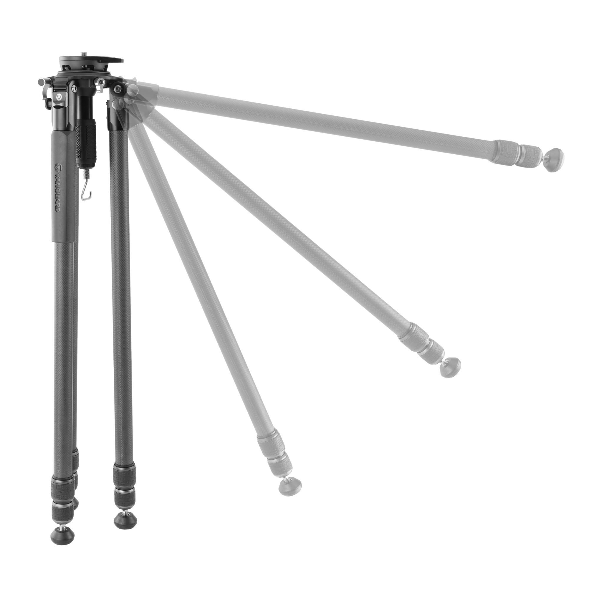 Un trípode Vanguard con patas de carbono, una cerrada, la otra extendida.
