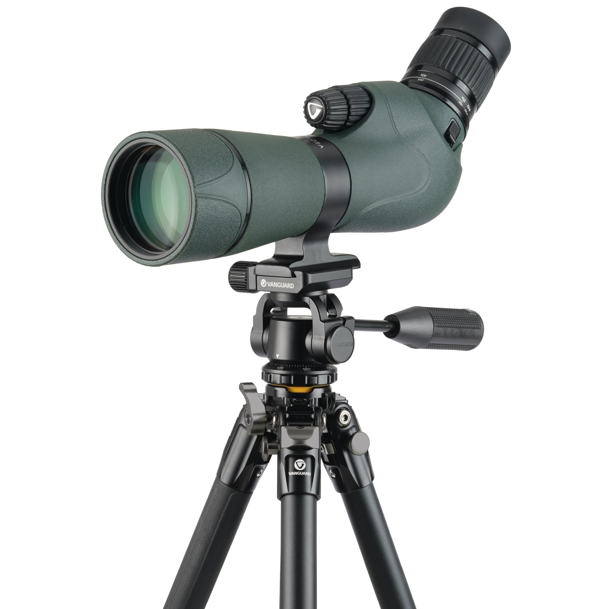 Telescopio terrestre verde con lente zoom sobre trípode negro.
