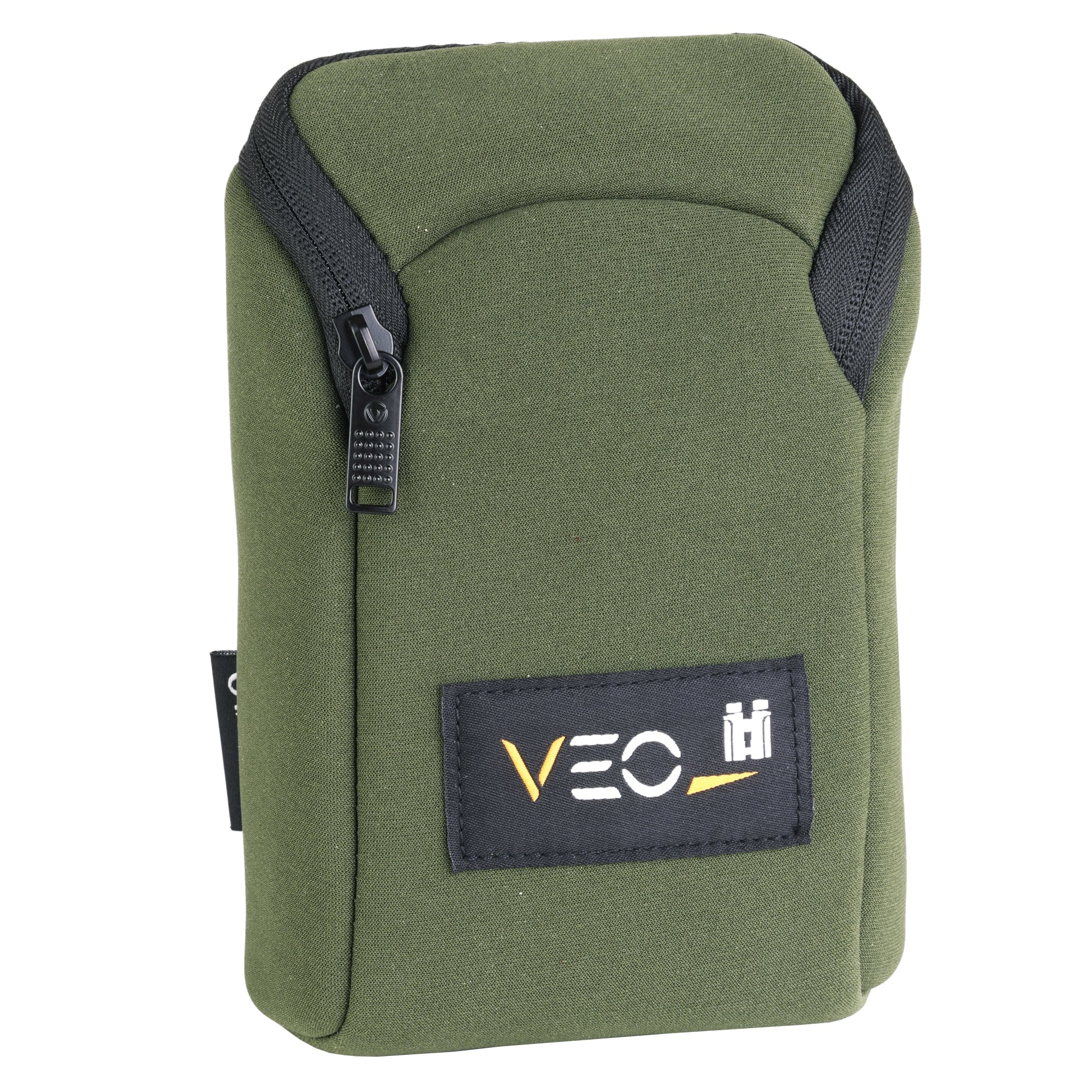 Bolsa verde con cremallera negra y logo.