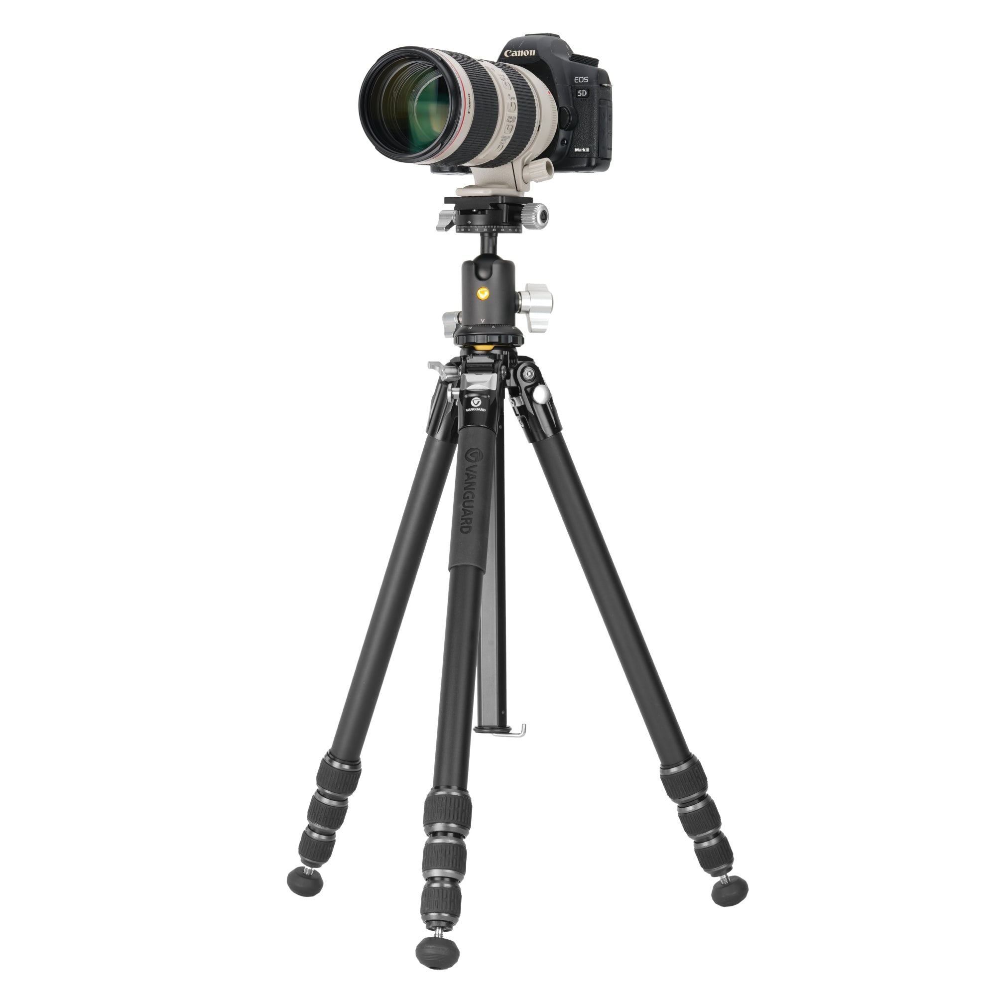 Una cámara Canon EOS 5D Mark II con un objetivo sobre un trípode negro.