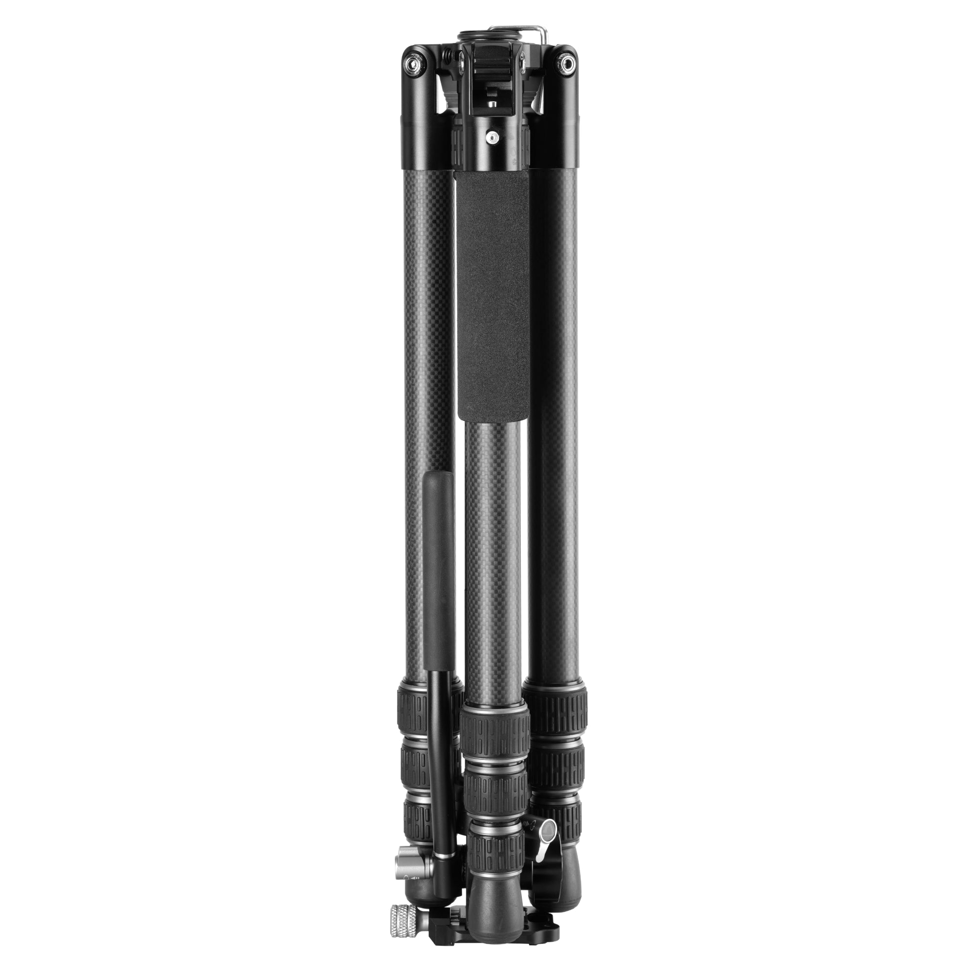 Trípode negro de carbono con agarre acolchado, plegado.