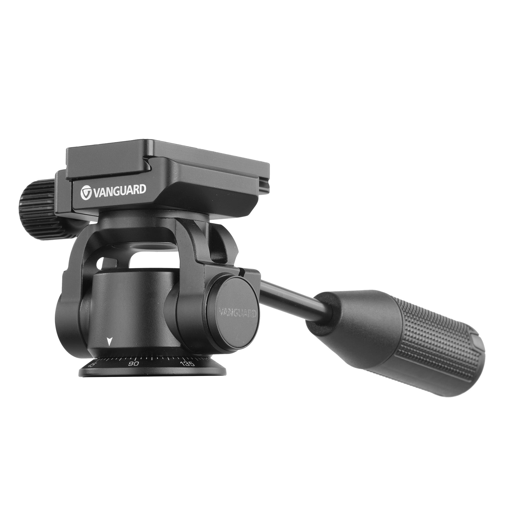 Un cabezal de trípode Vanguard negro con mango y marcas de grados.