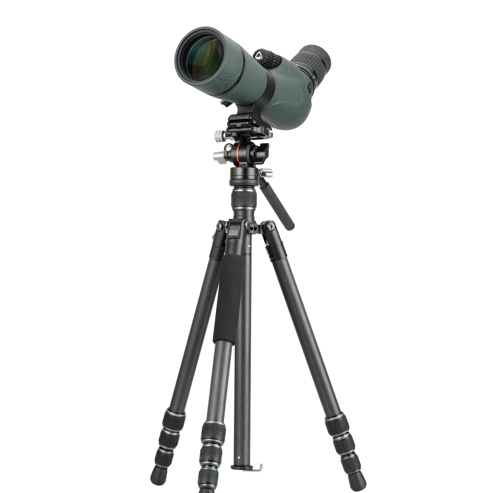 Telescopio terrestre verde sobre un trípode de fibra de carbono de tres patas.