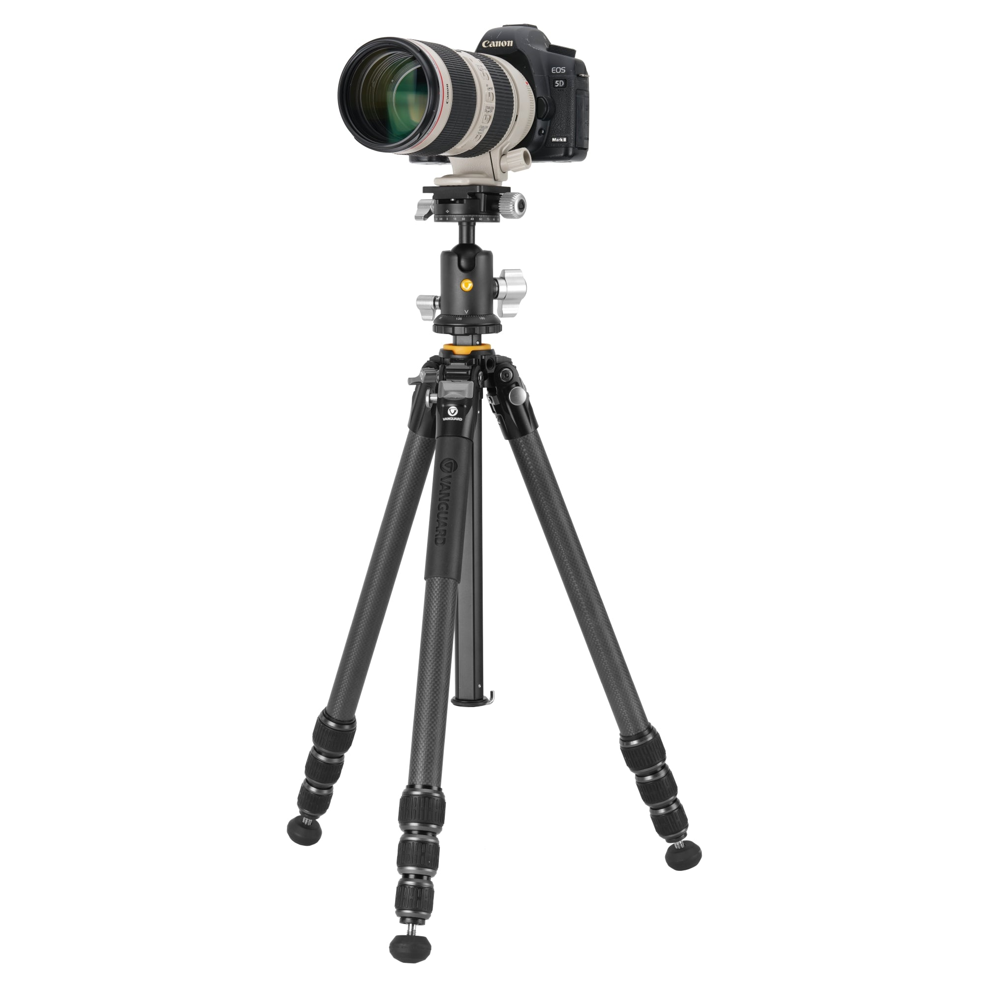 Una cámara Canon EOS 5D Mark II con un teleobjetivo en un trípode Vanguard.