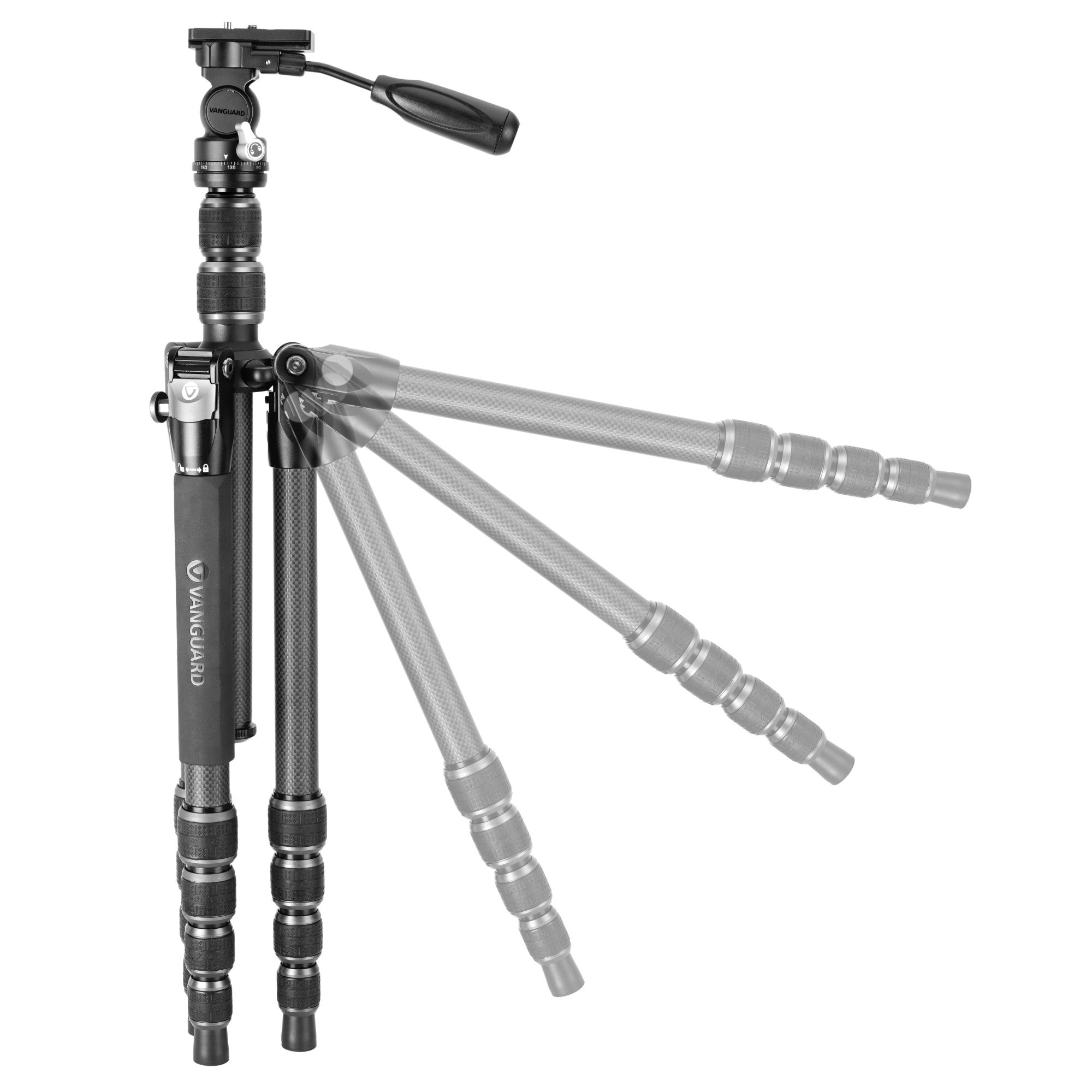 Un trípode Vanguard negro con patas extensibles y montura para cámara.