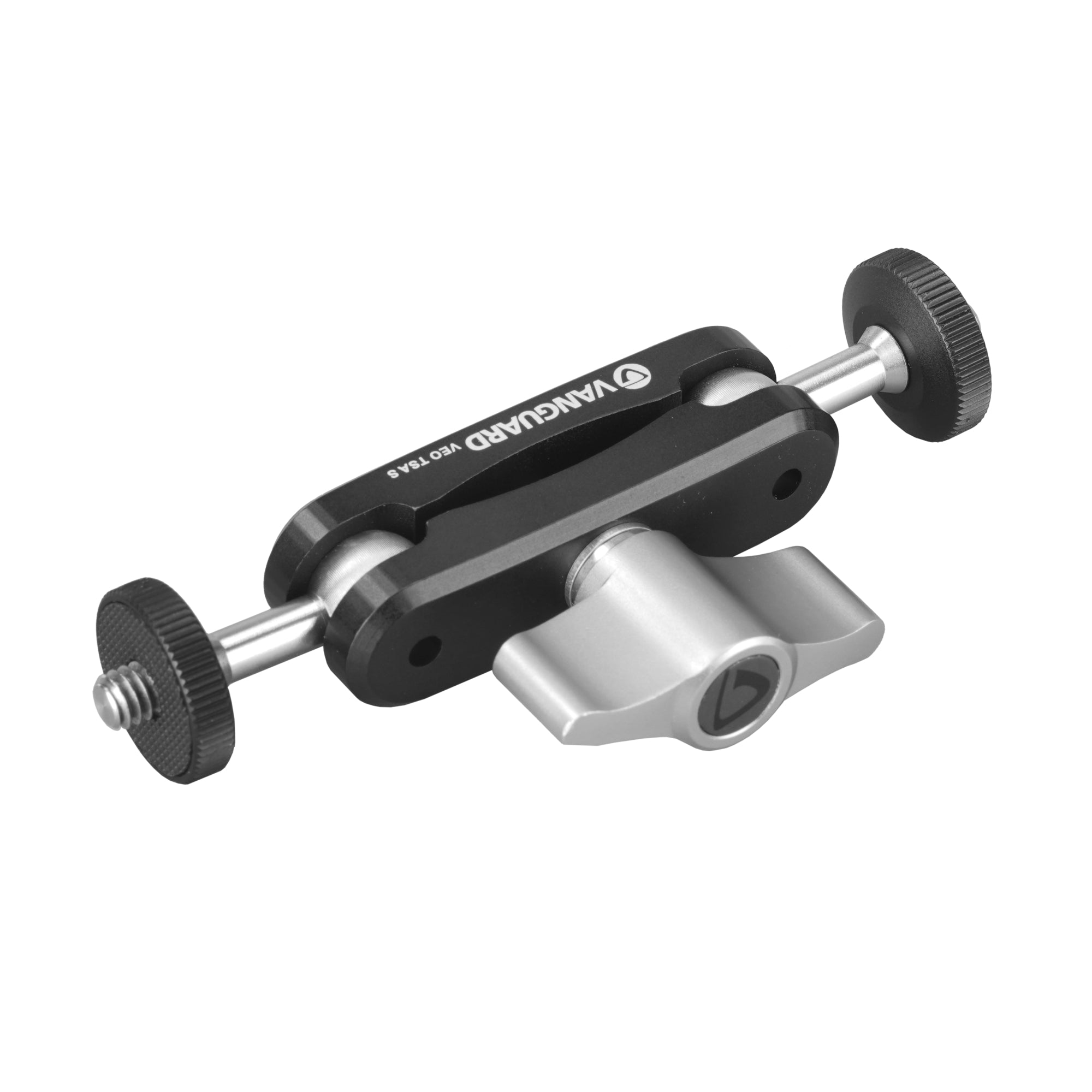Un adaptador de pinza negro con perillas plateadas y una palanca plateada.