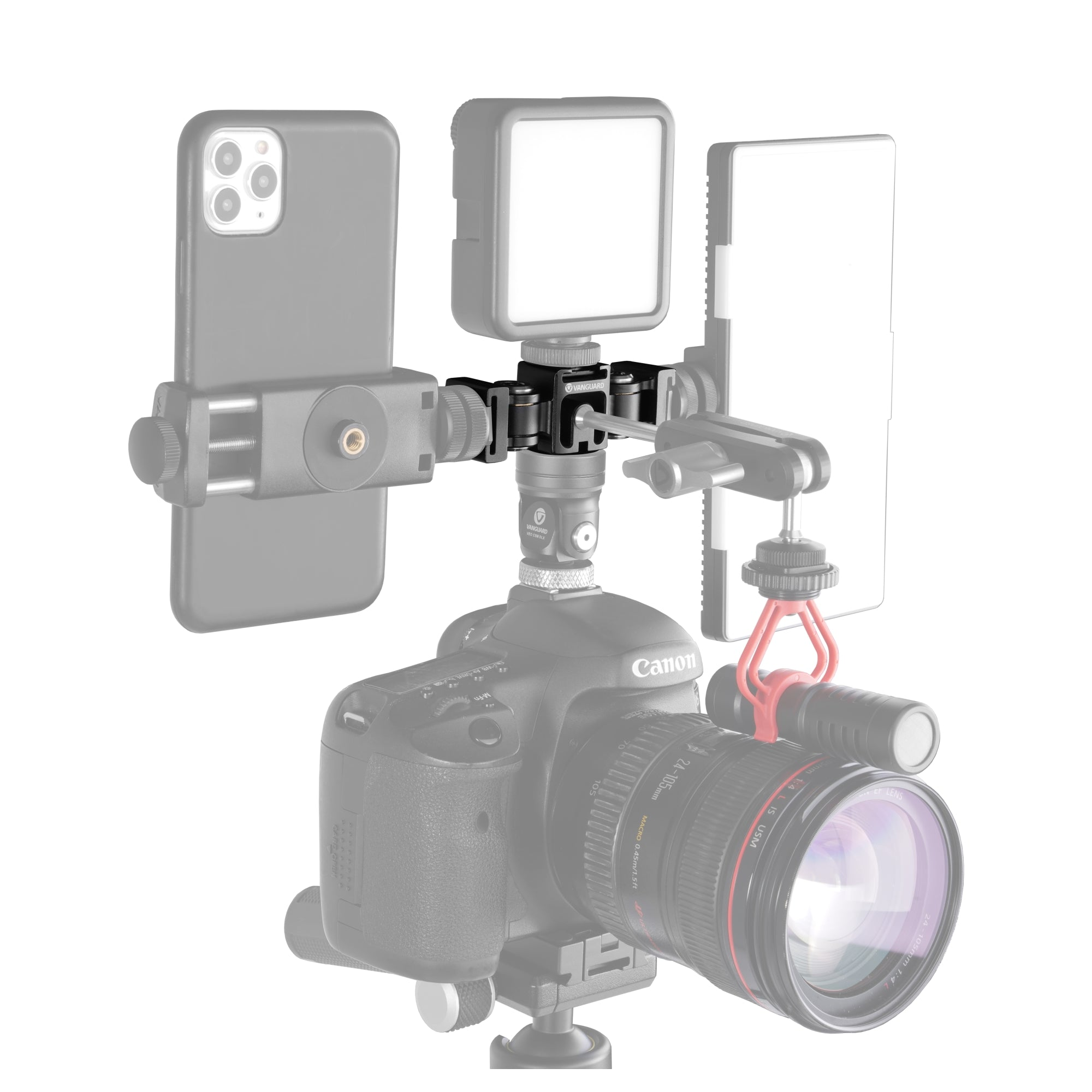 Una cámara con soporte para smartphone, luces y micrófono adjuntos.