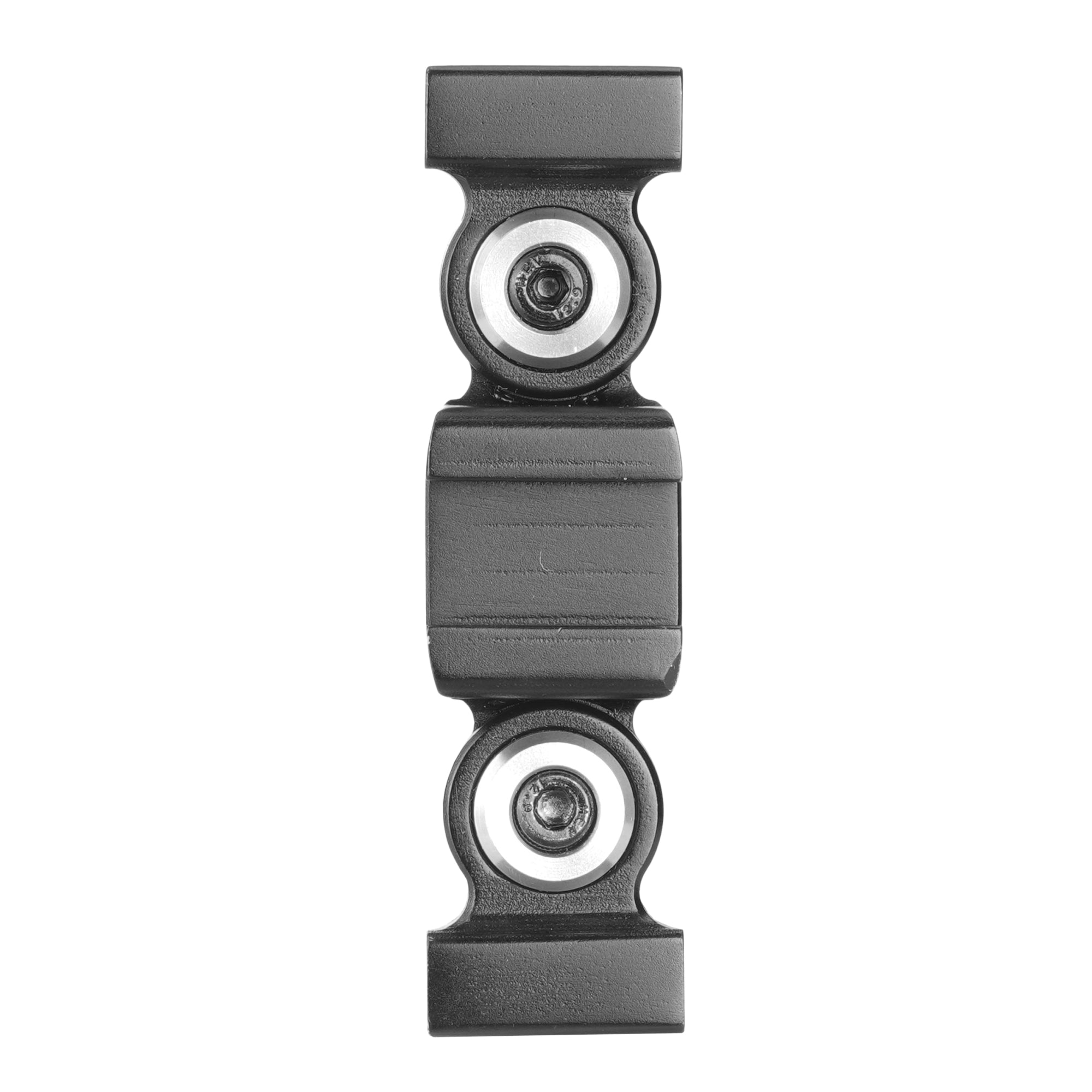 Un componente vertical negro con dos tornillos y anillos plateados.