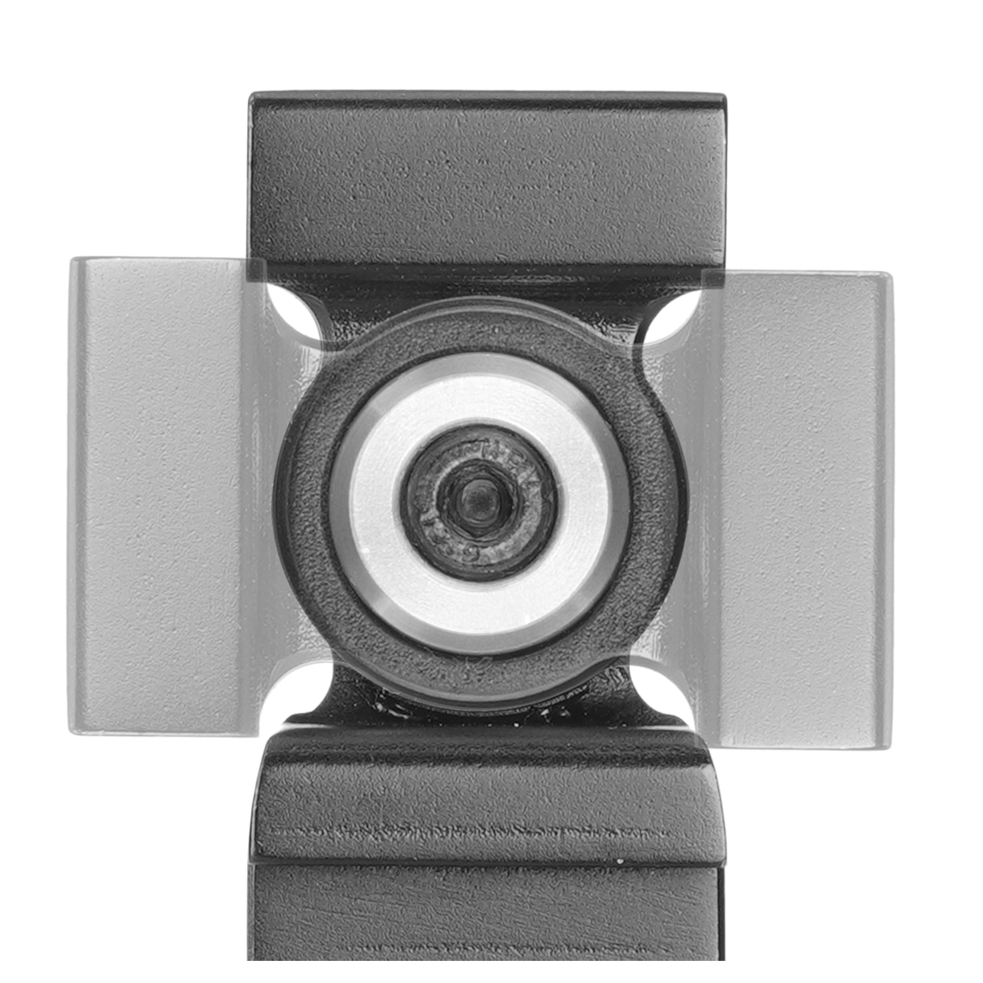 Primer plano de una cabeza de articulación metálica con anillos concéntricos y un tornillo central.